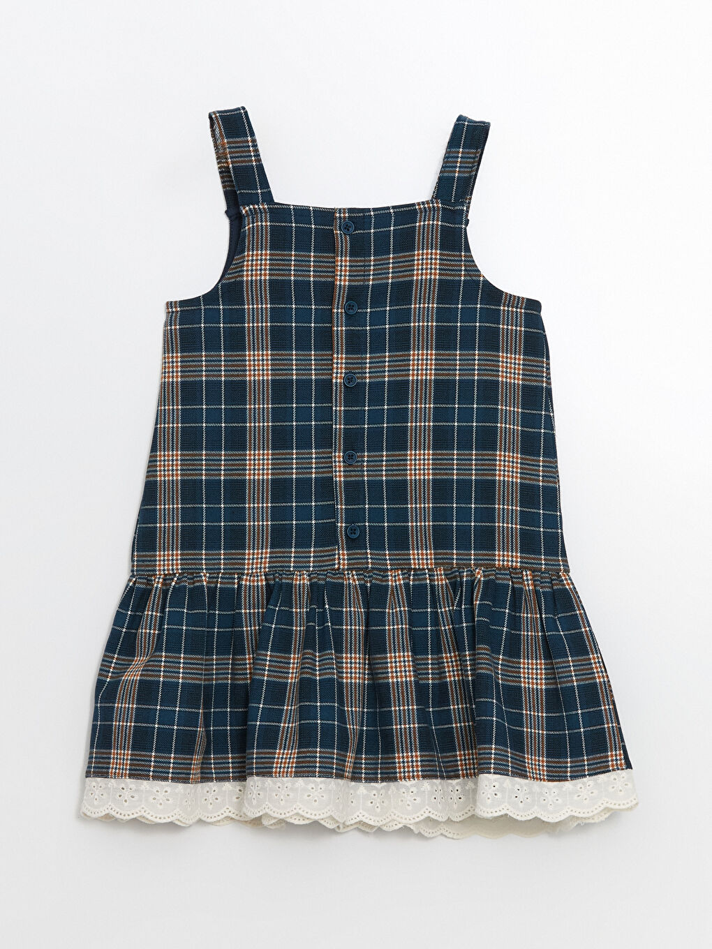 Yeşil Kare Yaka Ekose Desenli Kız Çocuk Elbise-2