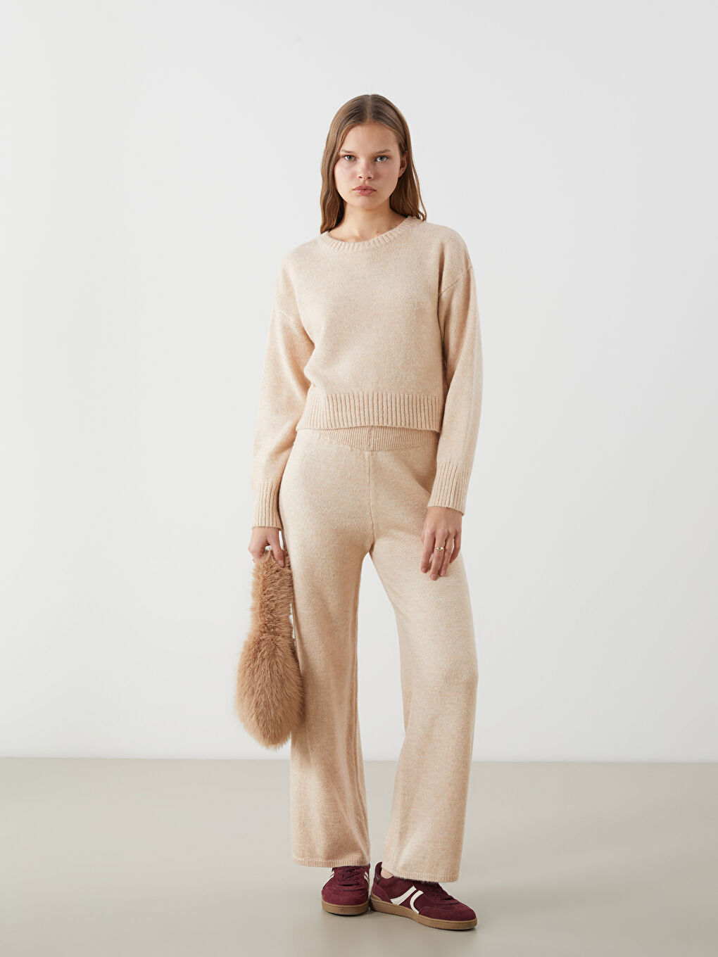 Bej Bisiklet Yaka Kadın Triko Kazak-1