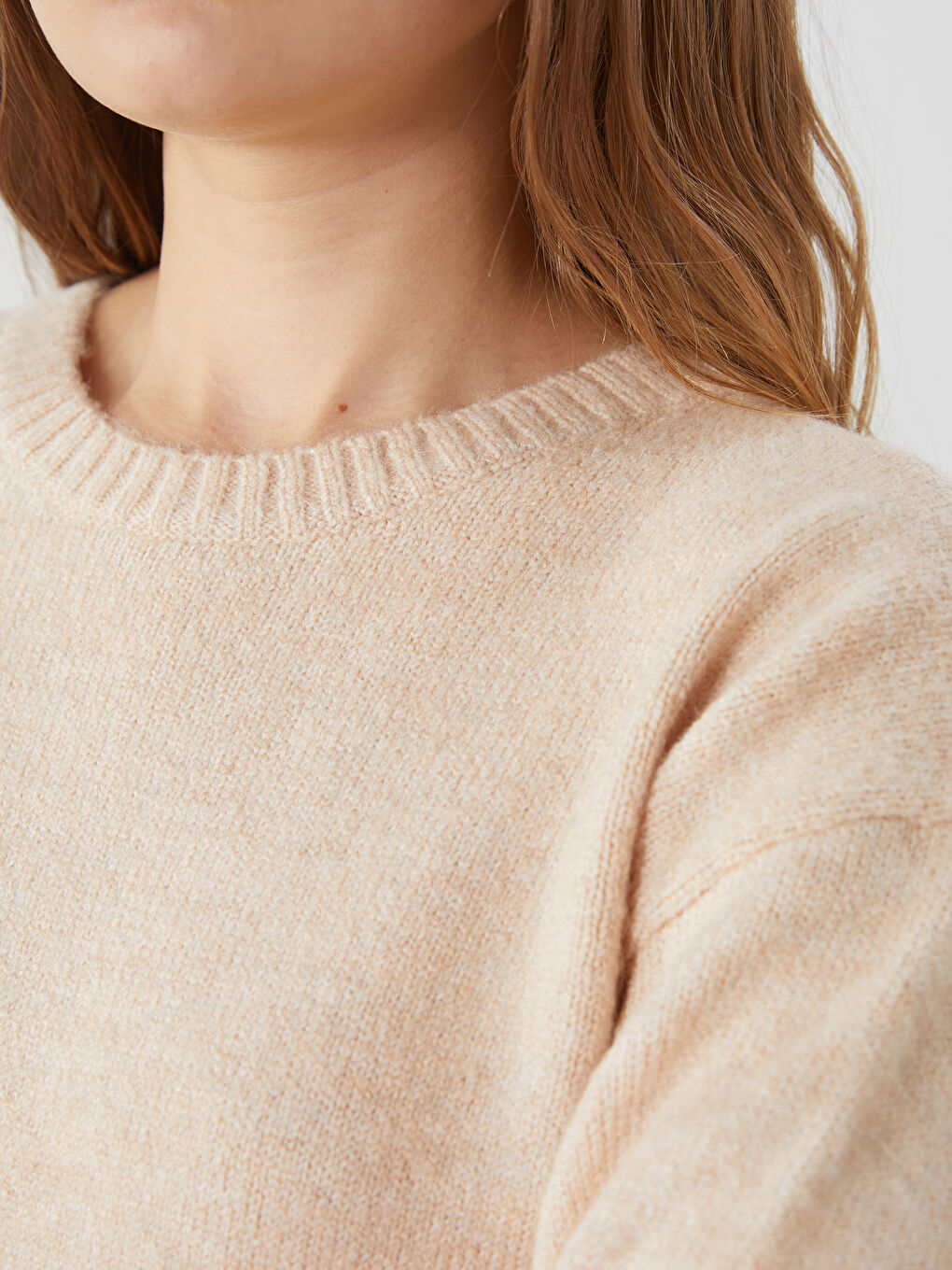 Bej Bisiklet Yaka Kadın Triko Kazak-2