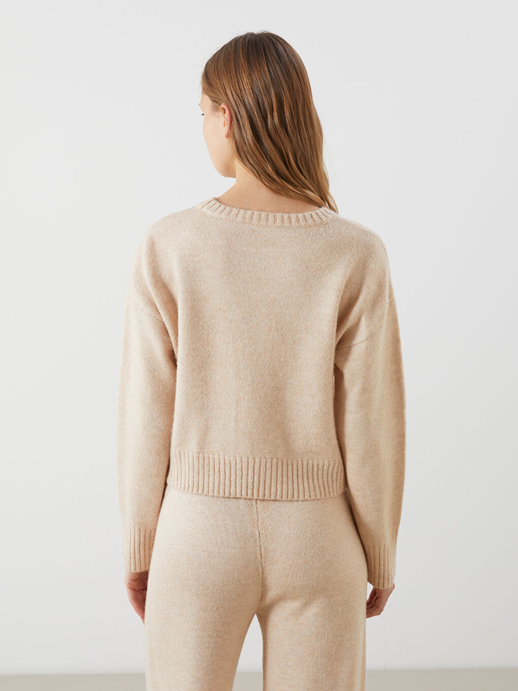 Bej Bisiklet Yaka Kadın Triko Kazak-3