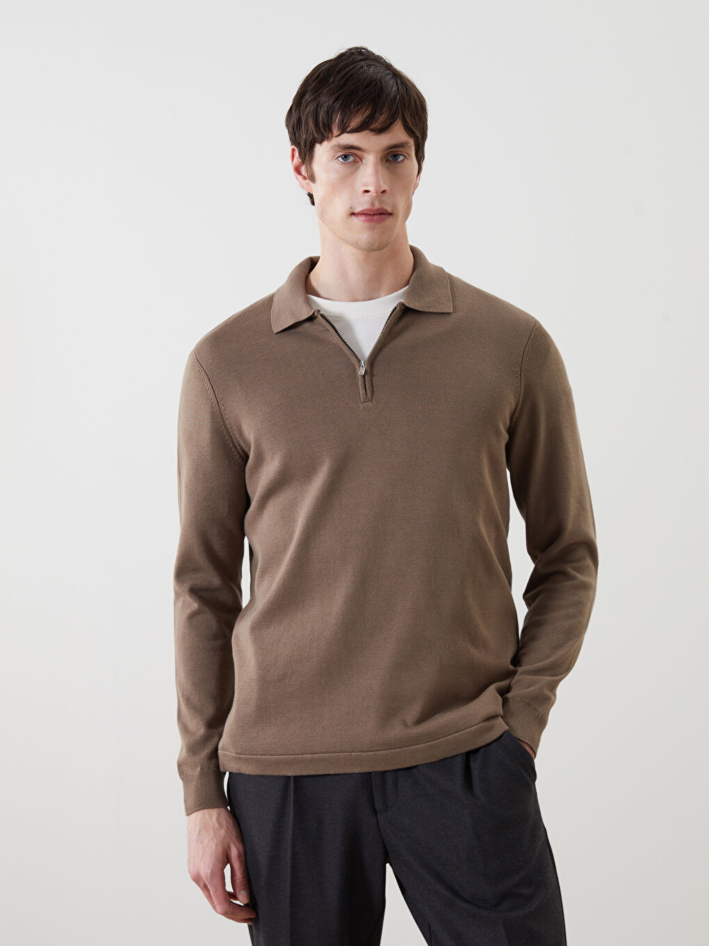 Bej Polo Yaka Uzun Kollu Erkek Triko Kazak