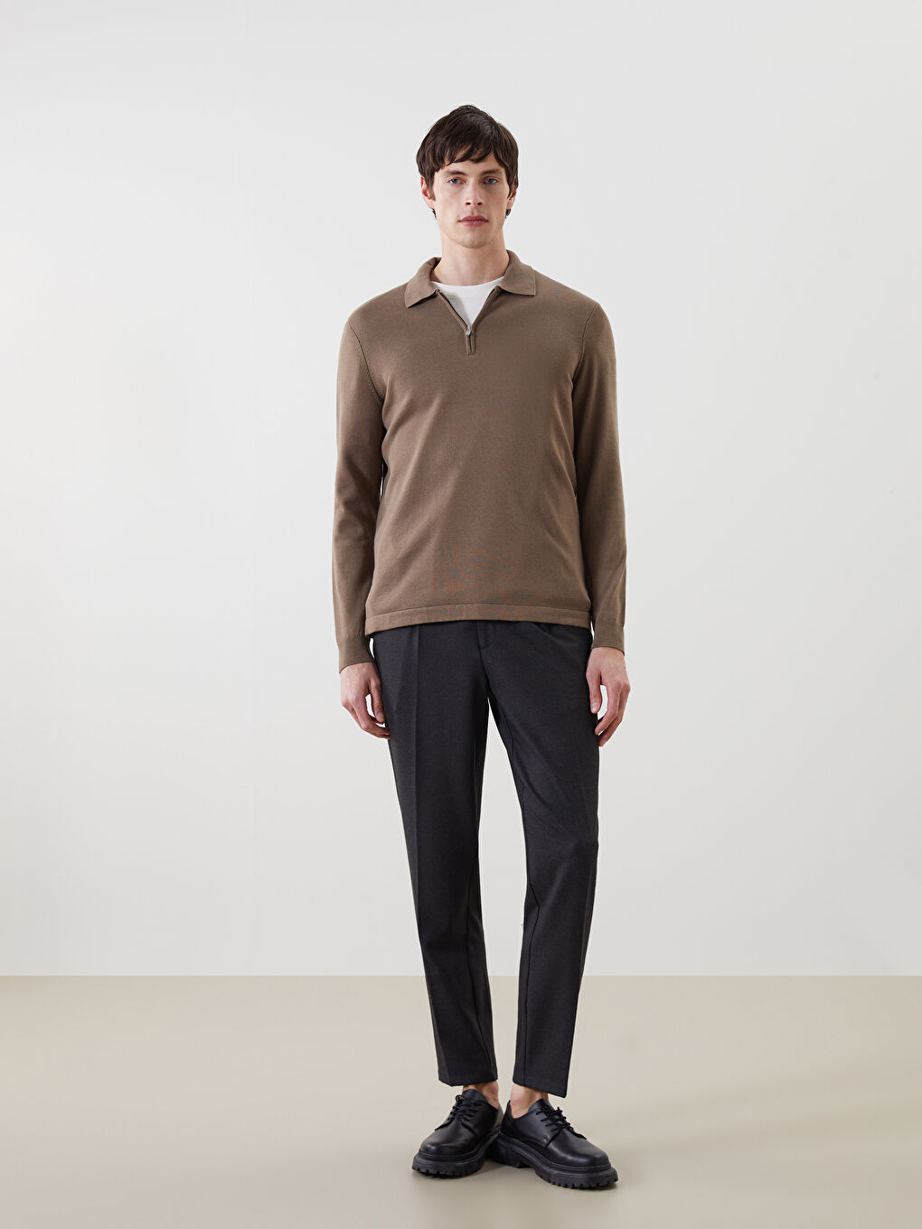 Bej Polo Yaka Uzun Kollu Erkek Triko Kazak-1