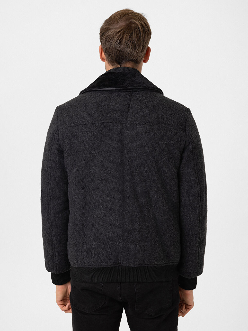 Siyah Standart Kalıp Gömlek Yaka Erkek Kaşe Mont-3