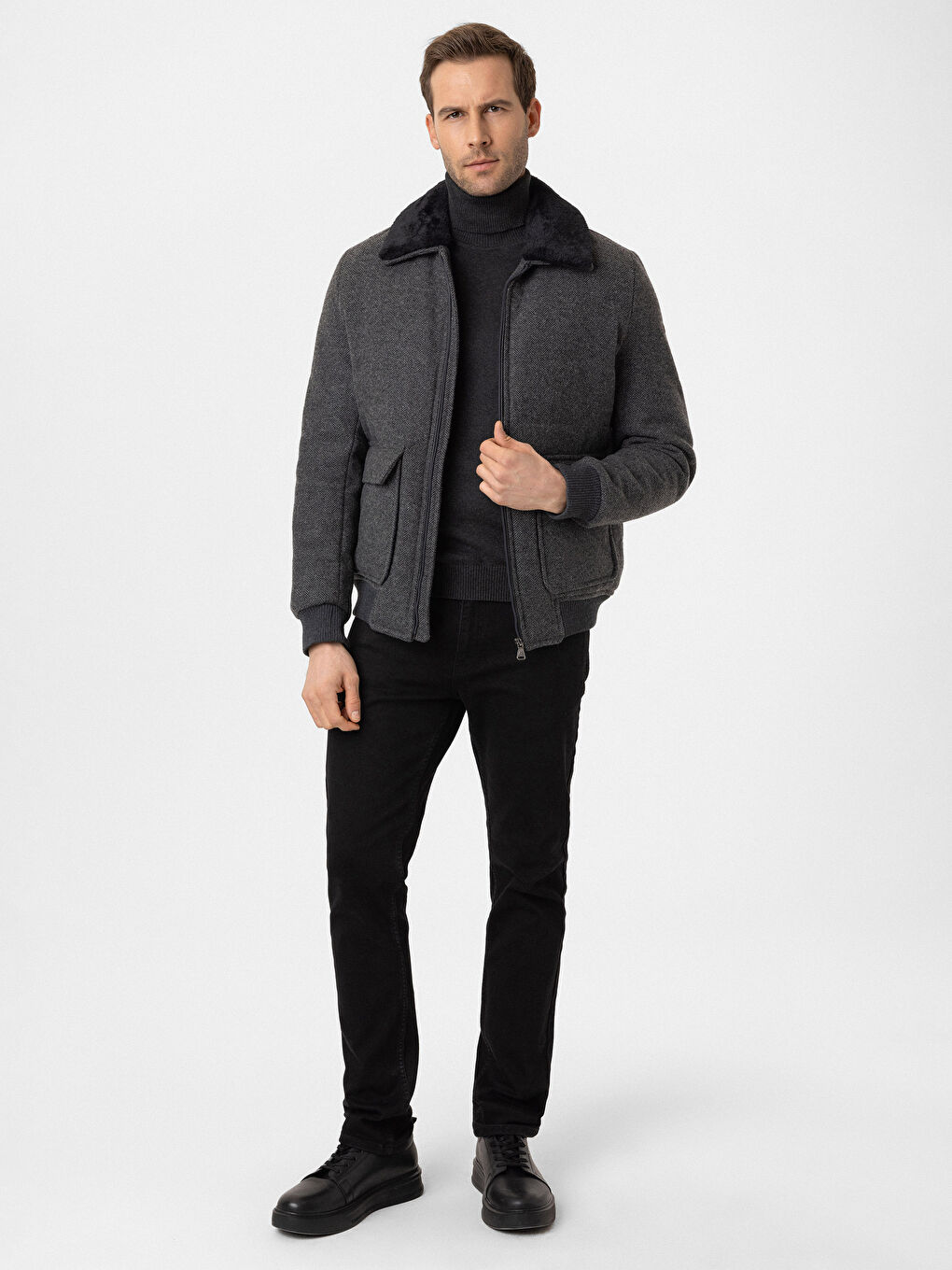 Gri Standart Kalıp Gömlek Yaka Erkek Kaşe Mont-1