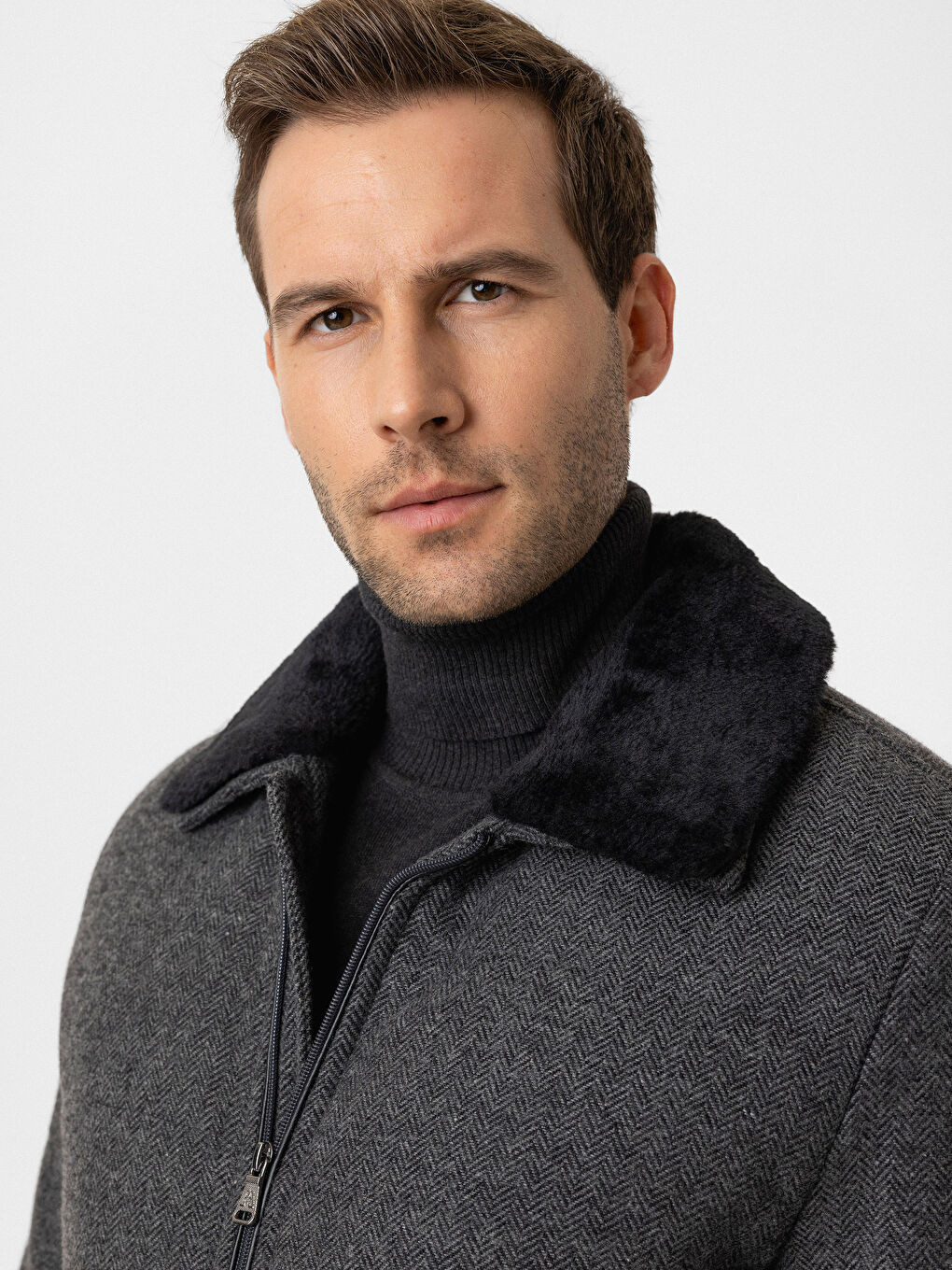 Gri Standart Kalıp Gömlek Yaka Erkek Kaşe Mont-2