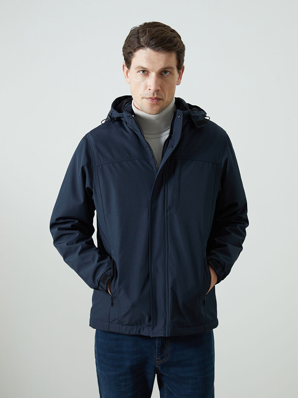 Lacivert Slim Fit Kapüşonlu Erkek Mont