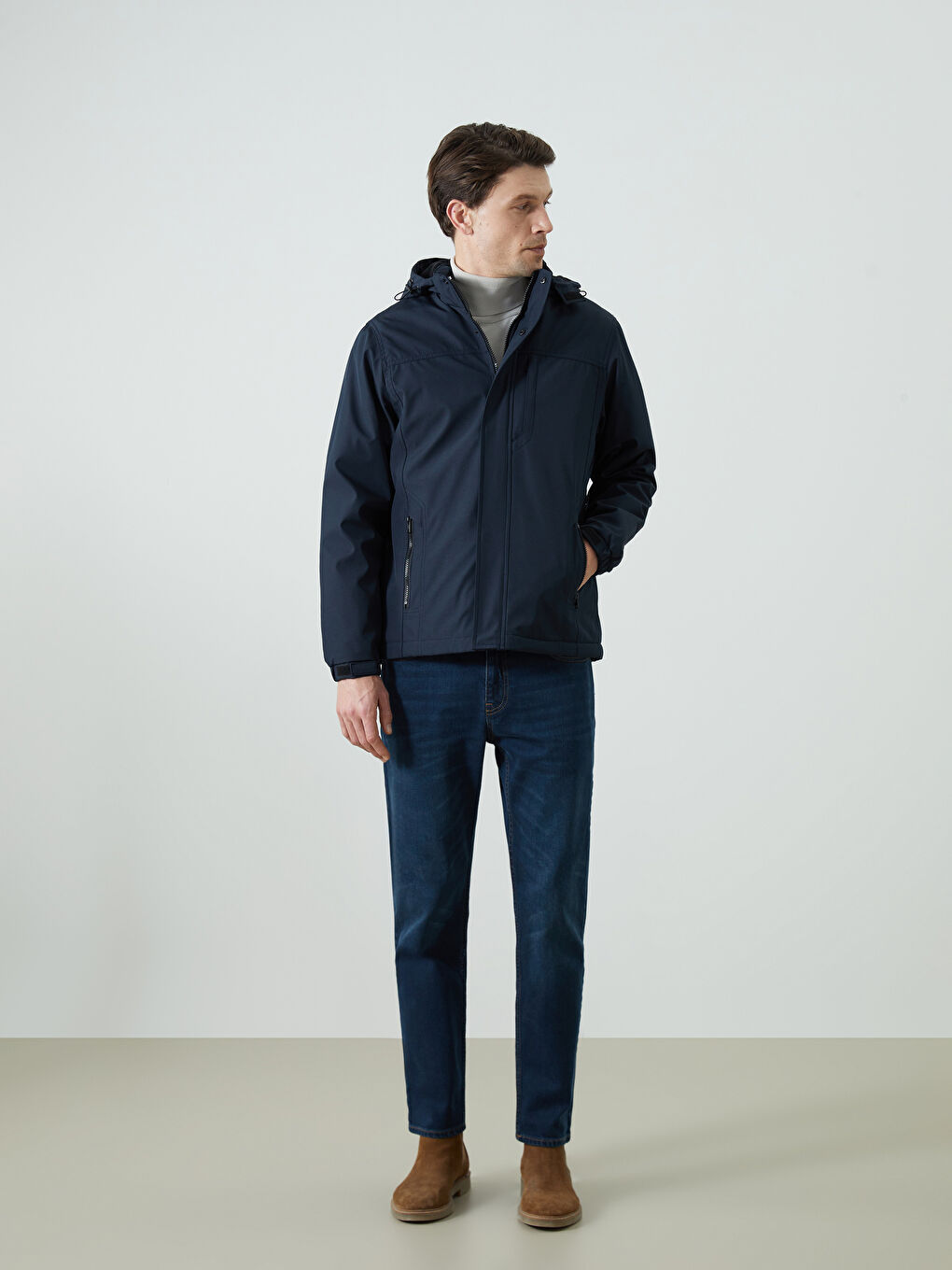 Lacivert Slim Fit Kapüşonlu Erkek Mont-1