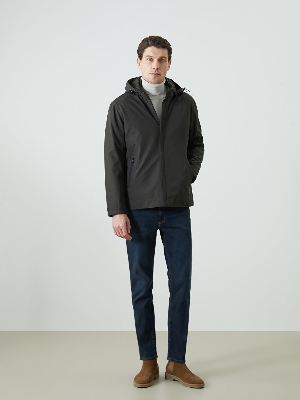 Haki Standart Kalıp Kapüşonlu Erkek Mont-1