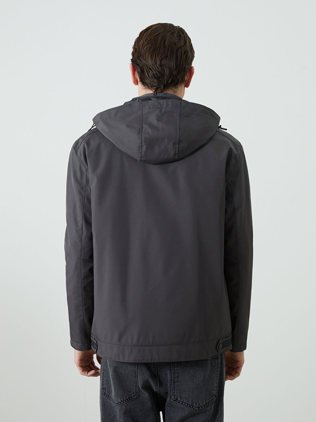 Gri Standart Kalıp Kapüşonlu Erkek Mont-4