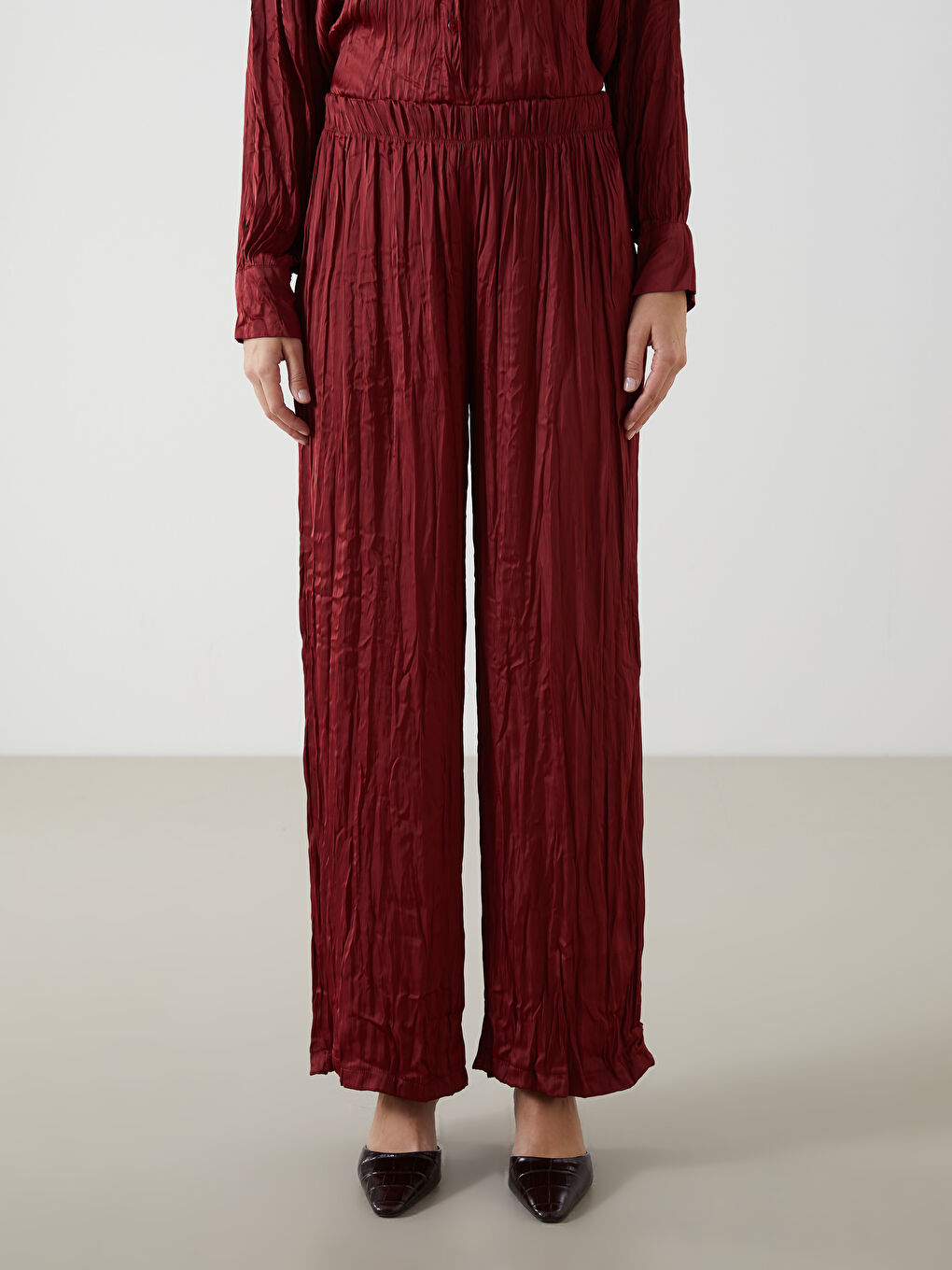 Bordo Beli Lastikli Geniş Paça Kadın Pantolon-1