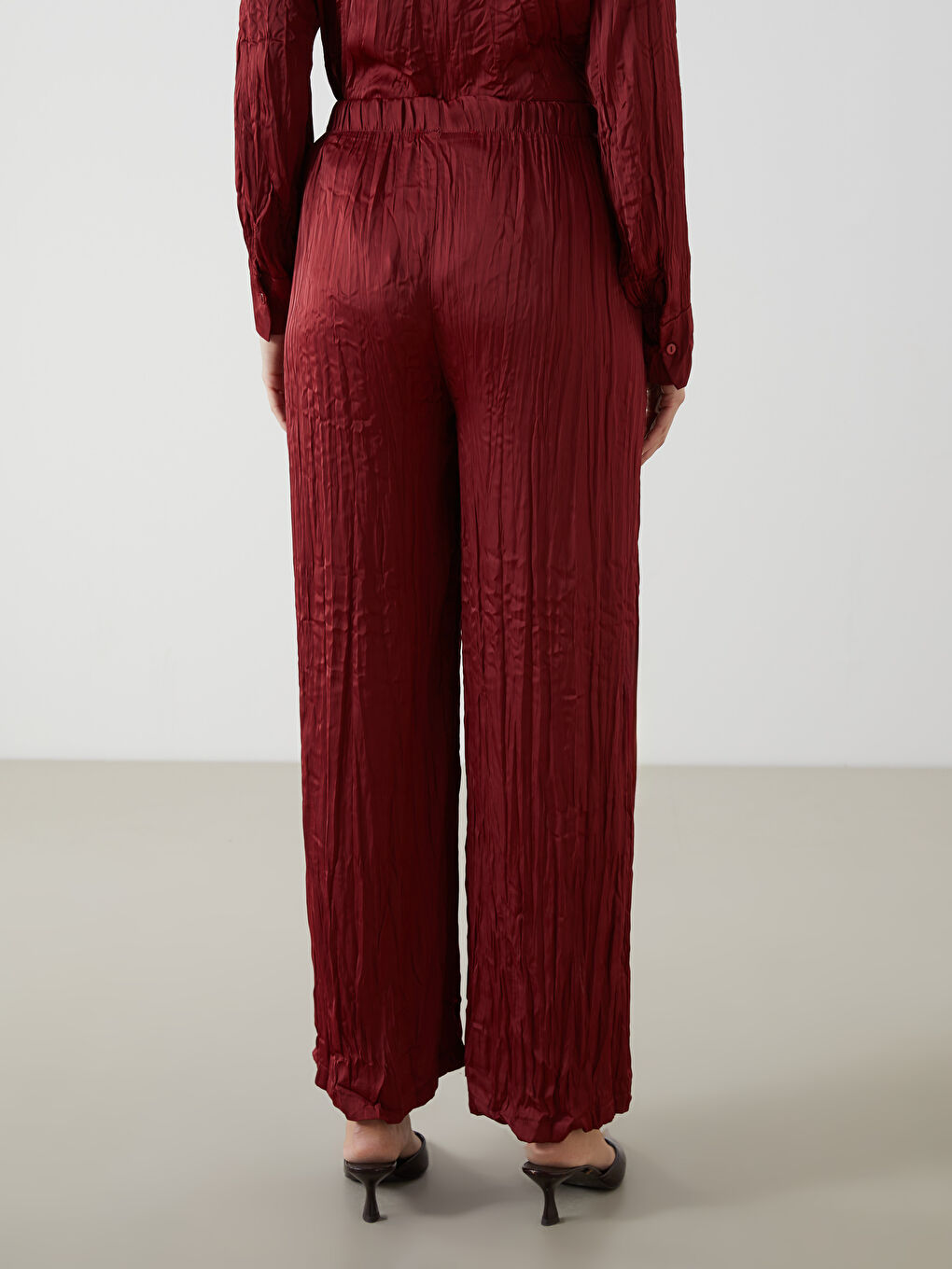 Bordo Beli Lastikli Geniş Paça Kadın Pantolon-3