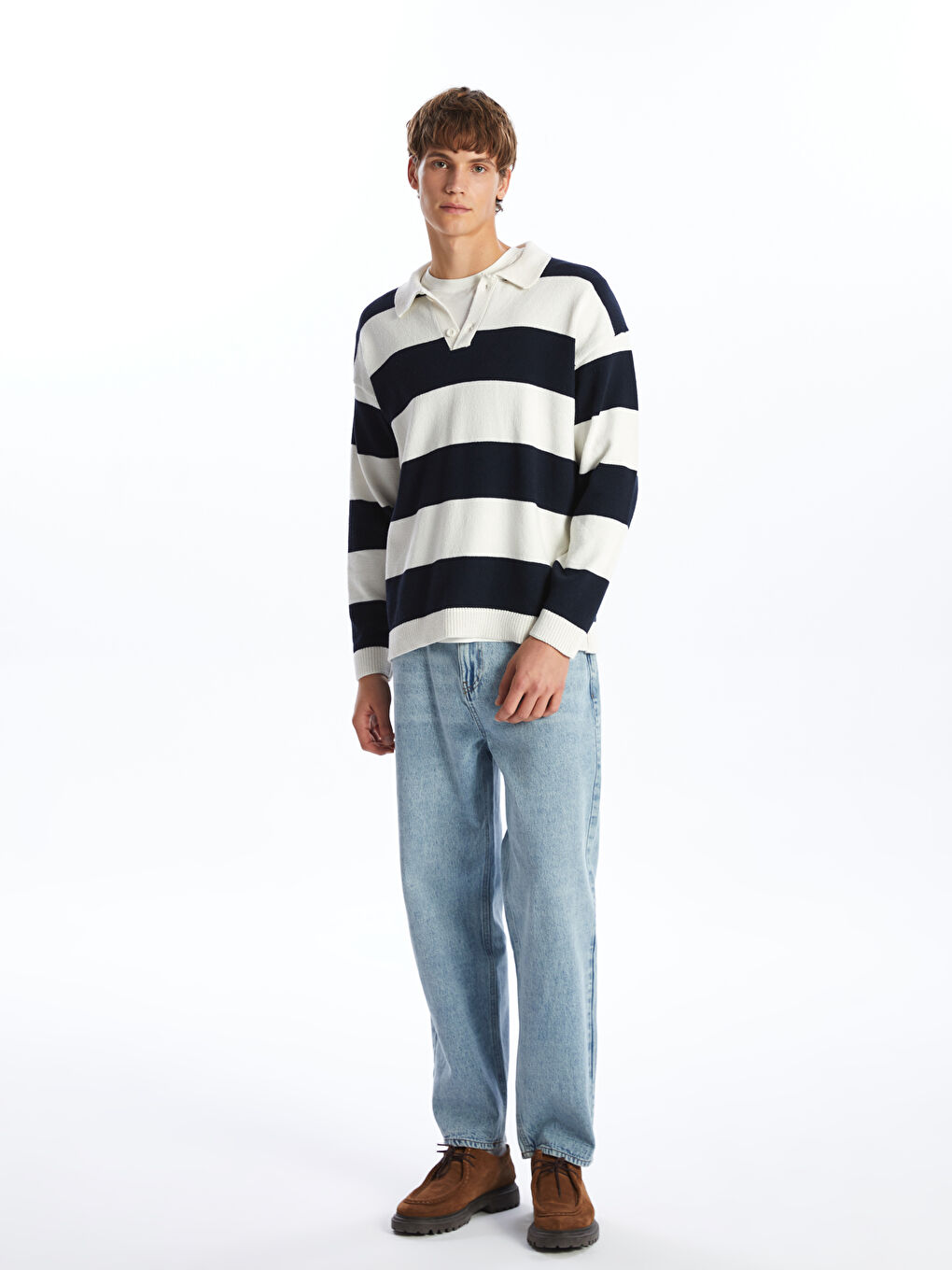 Lacivert Polo Yaka Uzun Kollu Çizgili Erkek Triko Kazak-3