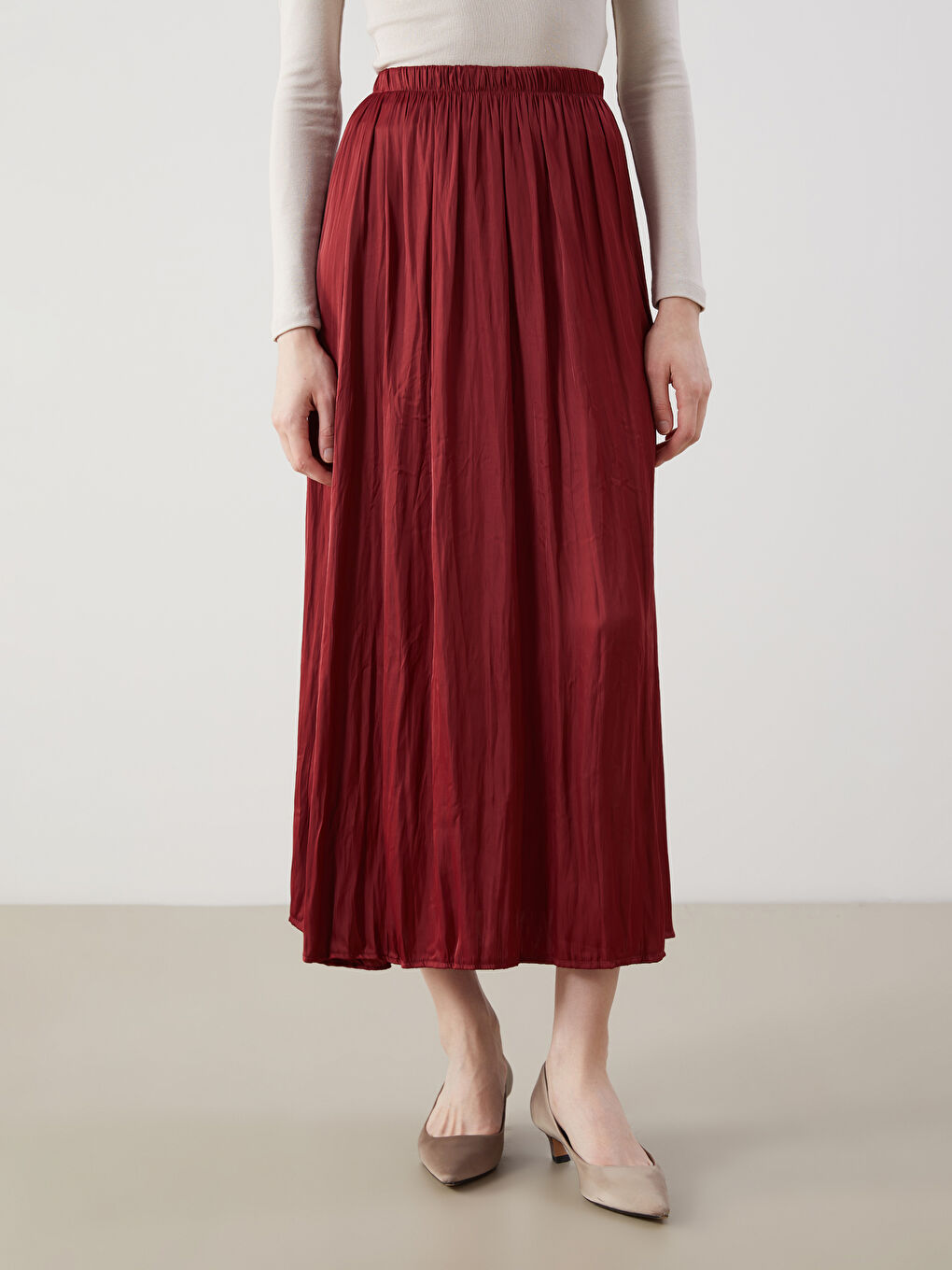 Bordo Beli Lastikli Saten Kadın Etek-1