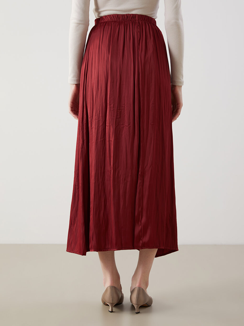 Bordo Beli Lastikli Saten Kadın Etek-3