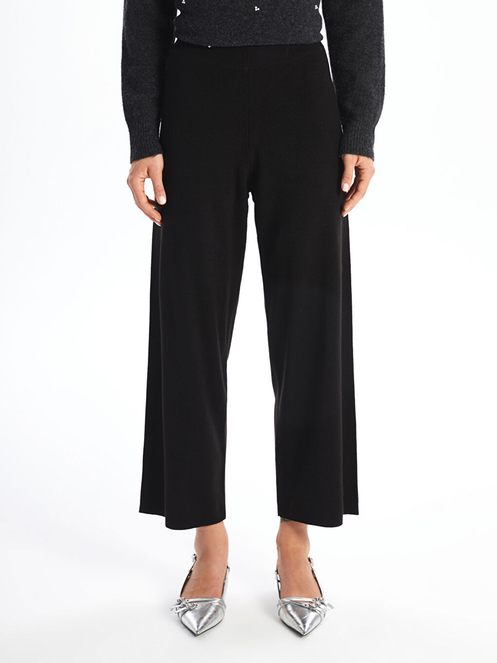 Pantalon en Tricot Uni à Jambe Large et Taille Élastiquée pour Femmes-4