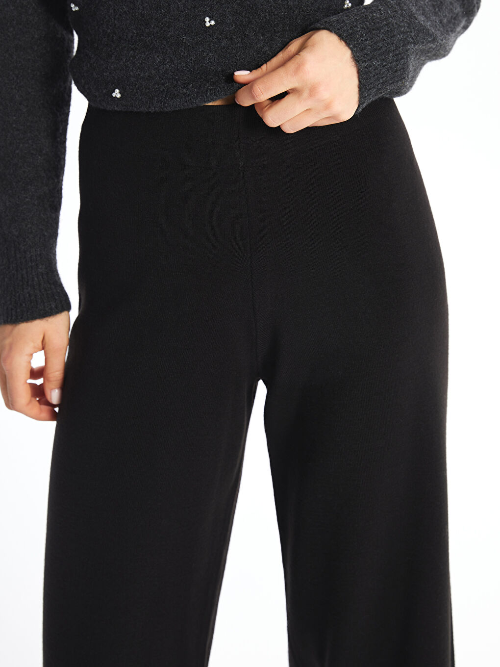 Pantalon en Tricot Uni à Jambe Large et Taille Élastiquée pour Femmes-7