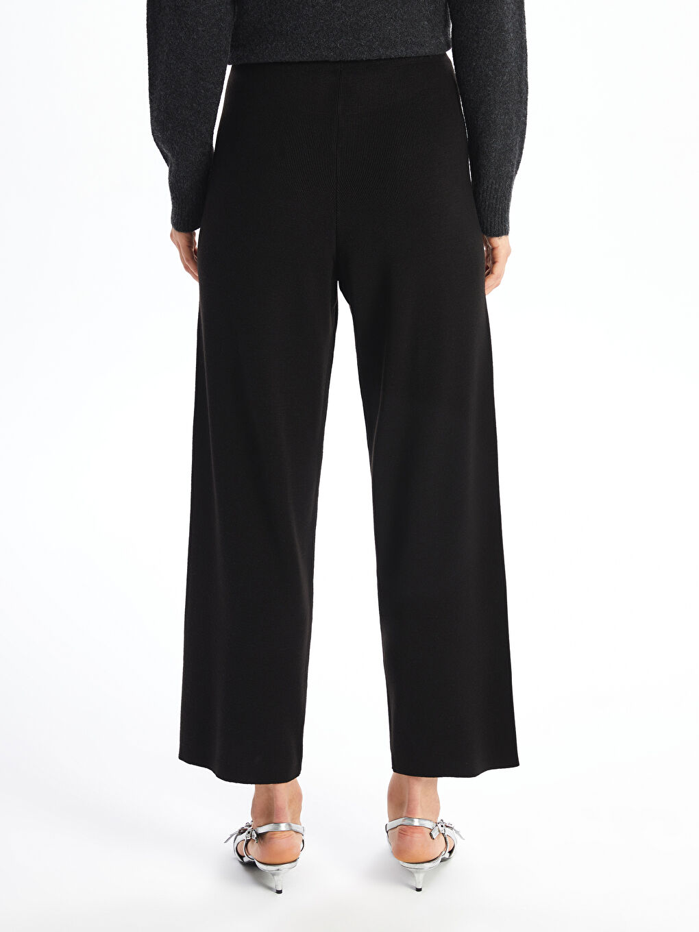 Pantalon en Tricot Uni à Jambe Large et Taille Élastiquée pour Femmes-10