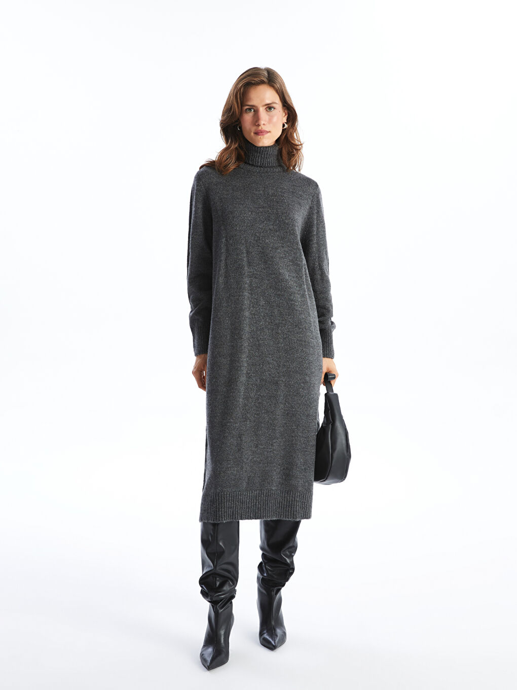 Robe en Tricot Oversize à Manches Longues et Col Roulé Uni pour Femme
