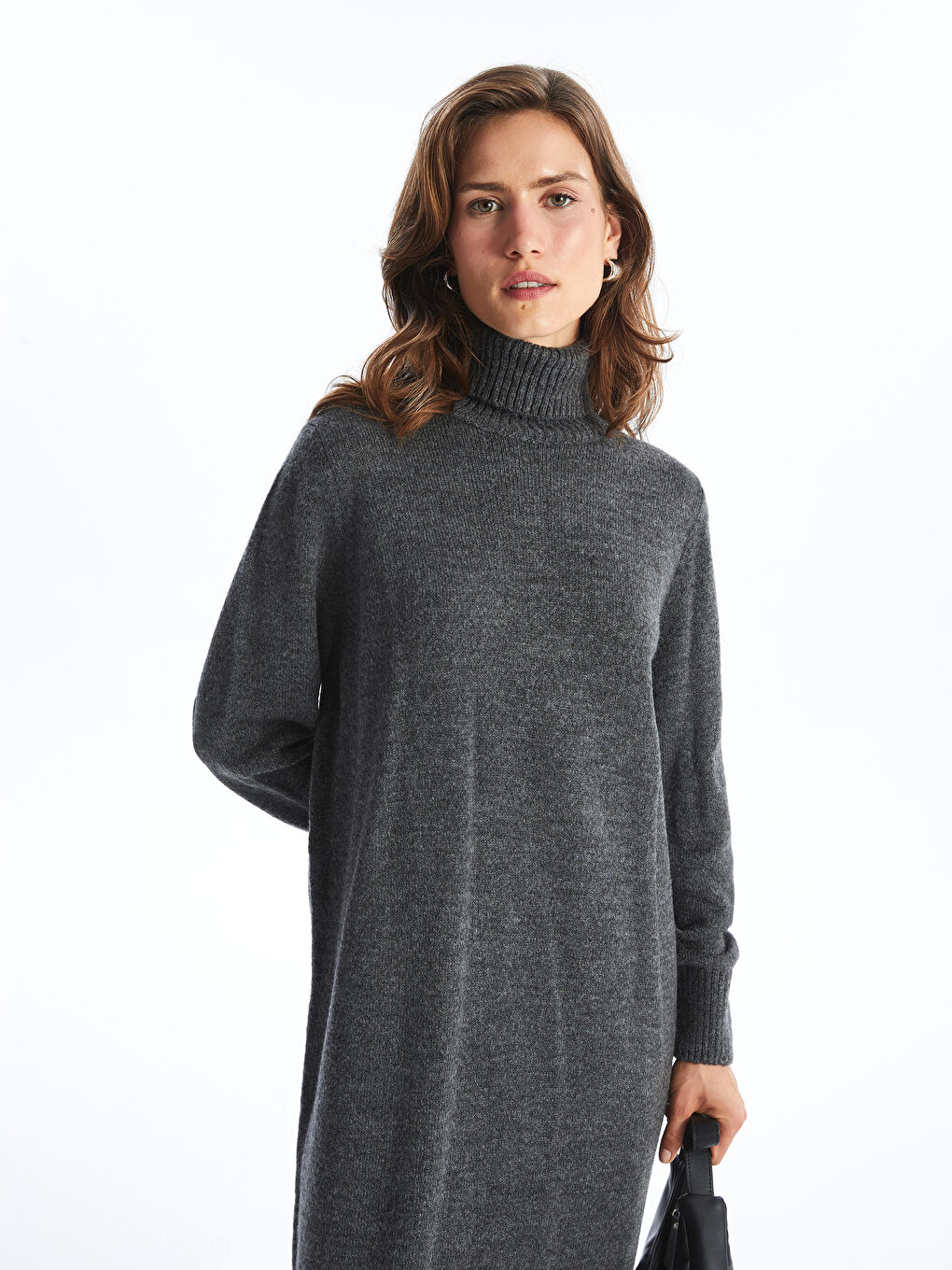 Robe en Tricot Oversize à Manches Longues et Col Roulé Uni pour Femme-3