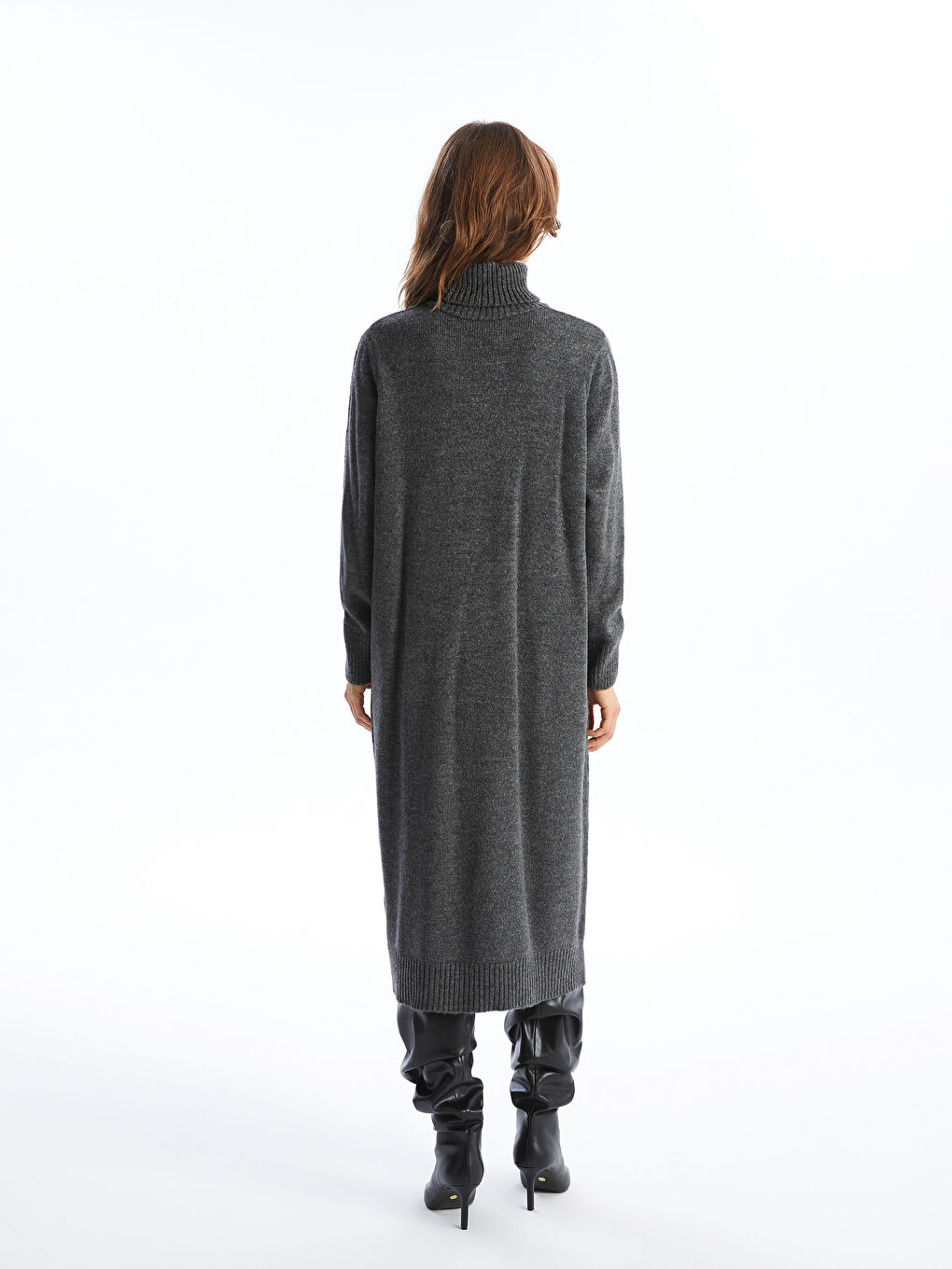 Robe en Tricot Oversize à Manches Longues et Col Roulé Uni pour Femme-7