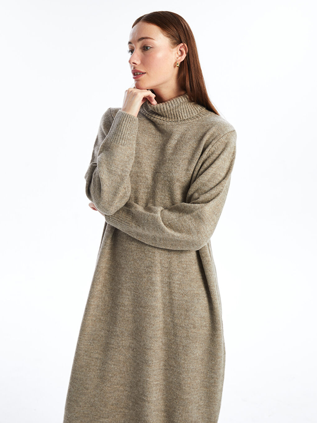 فستان تريكو نسائي بياقة عالية سادة كم طويل واسع الحجم-3