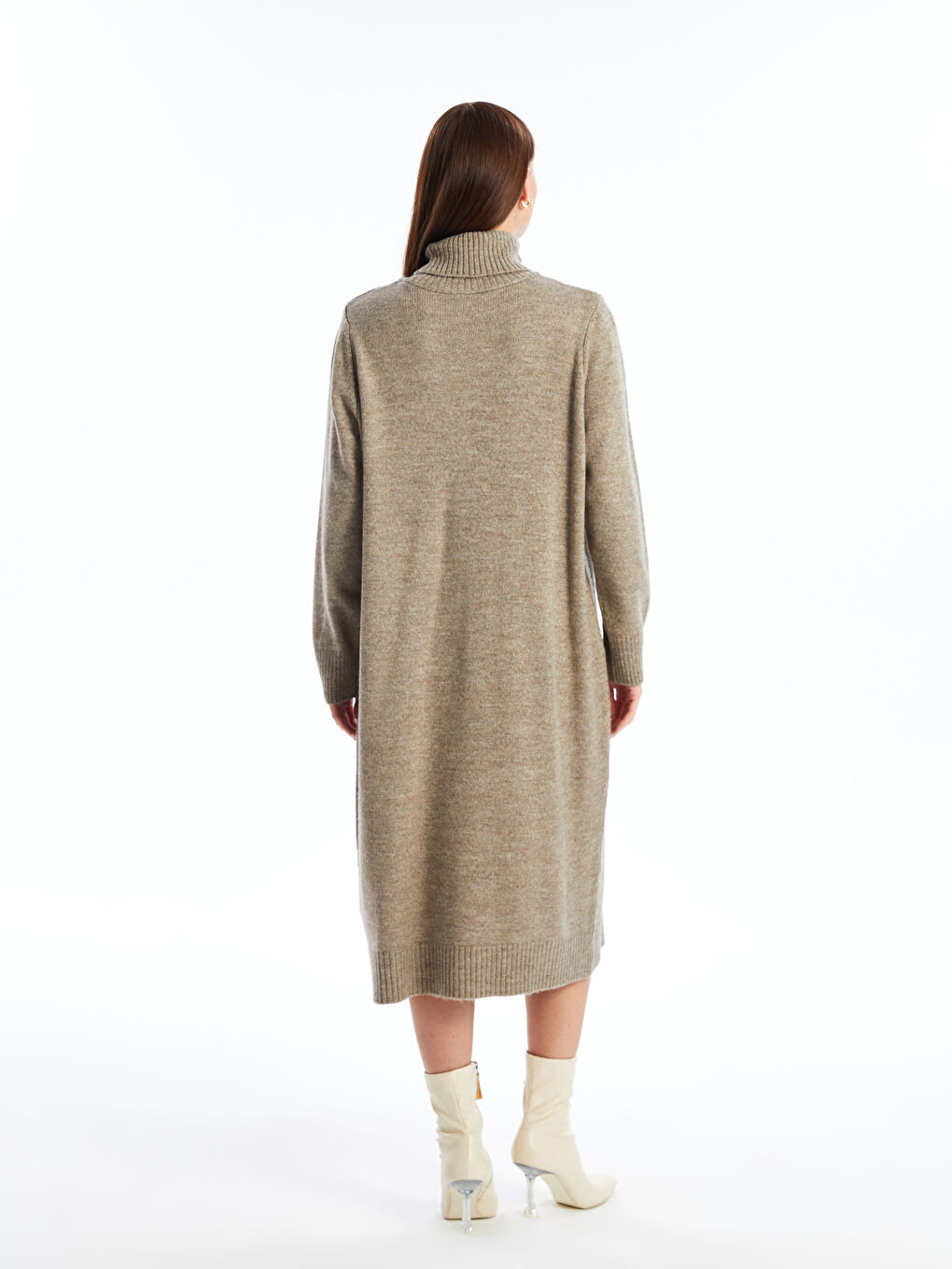 فستان تريكو نسائي بياقة عالية سادة كم طويل واسع الحجم-7