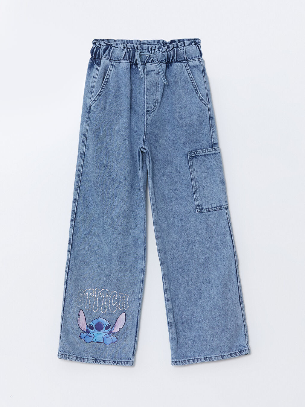 Mavi Beli Lastikli Stitch Taş Baskılı Kız Çocuk Jean Pantolon