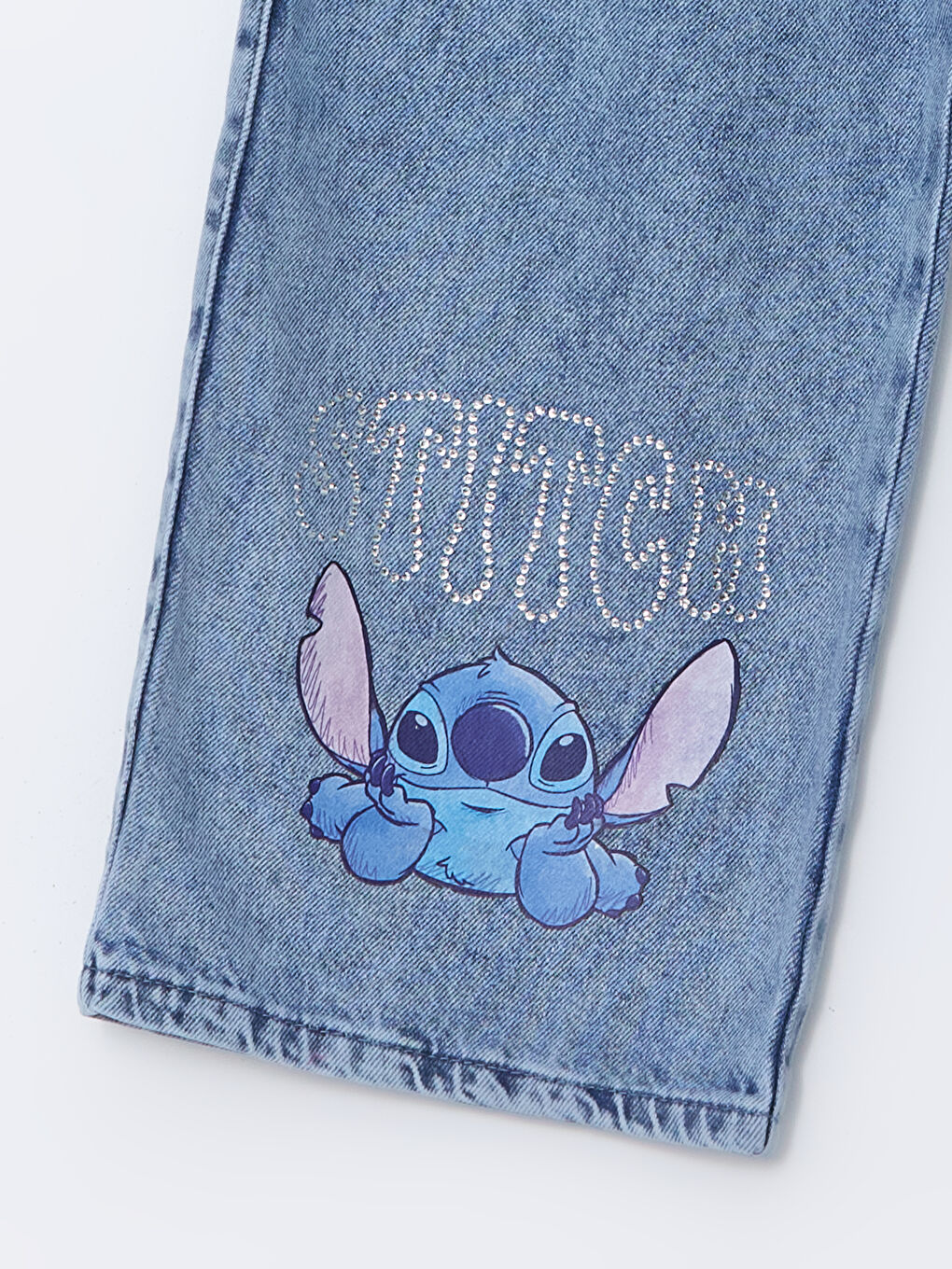 Mavi Beli Lastikli Stitch Taş Baskılı Kız Çocuk Jean Pantolon-1