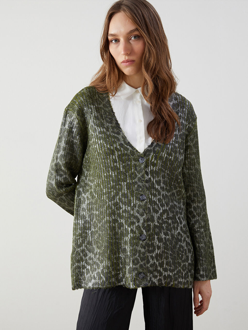 LCW Modest V Neck Patterned Women's Knitwear Cardigan -W4MA46Z8-MKD