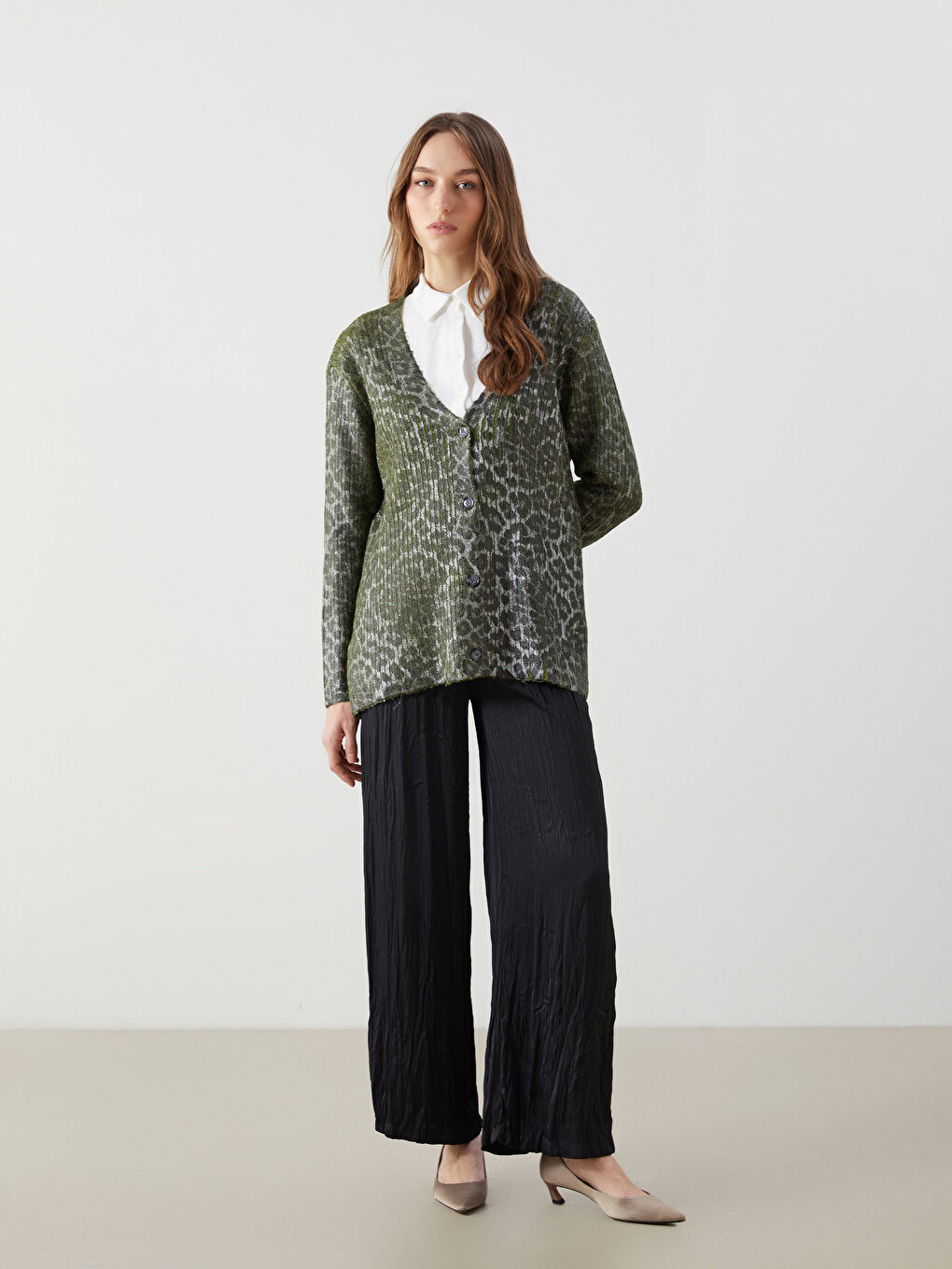 LCW Modest V Neck Patterned Women's Knitwear Cardigan -W4MA46Z8-MKD