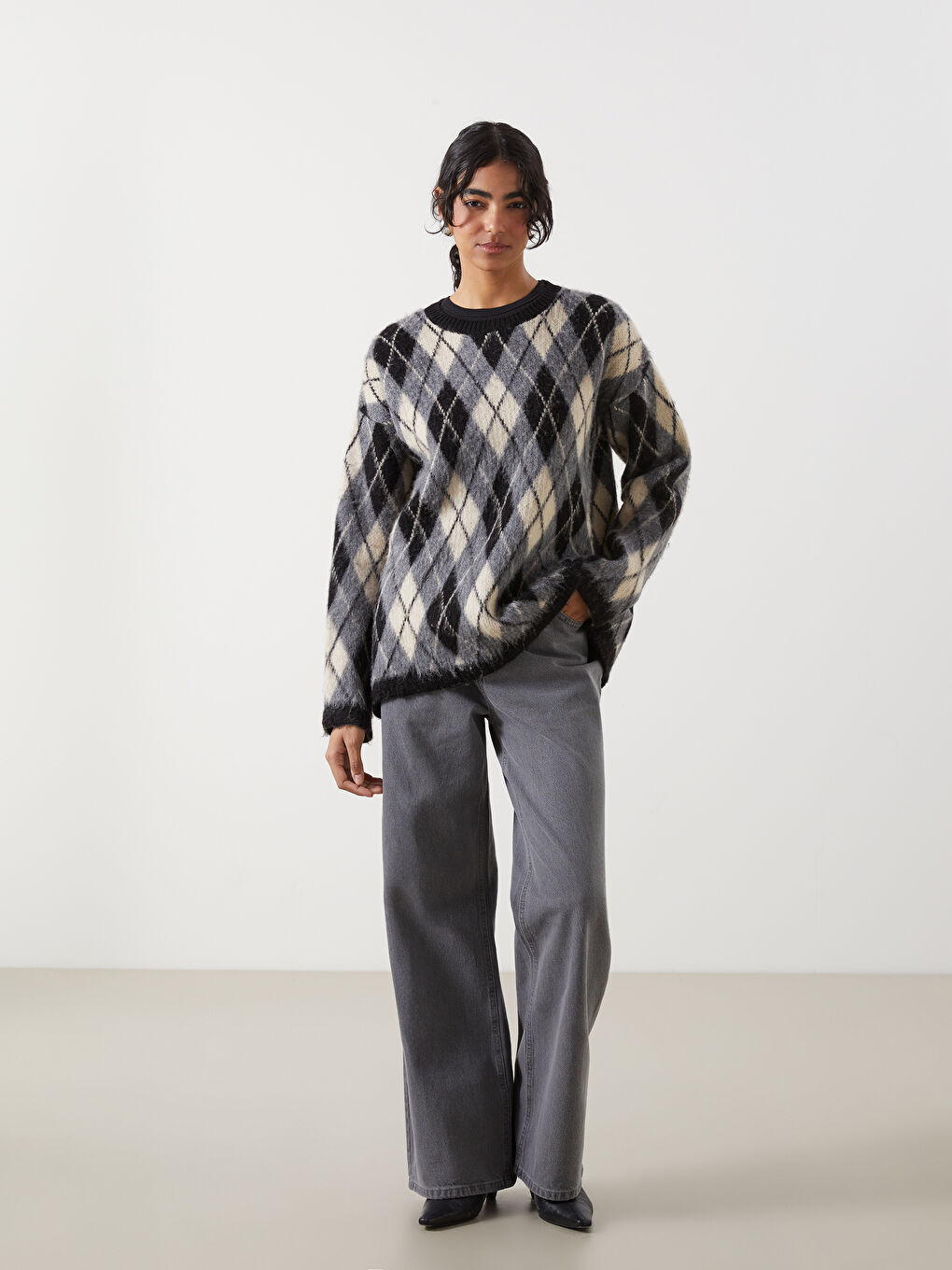 Gri Bisiklet Yaka Baklava Desenli Oversize Kadın Triko Tunik-1