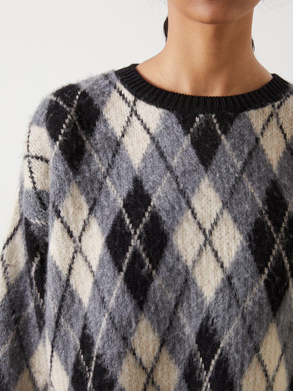 Gri Bisiklet Yaka Baklava Desenli Oversize Kadın Triko Tunik-2