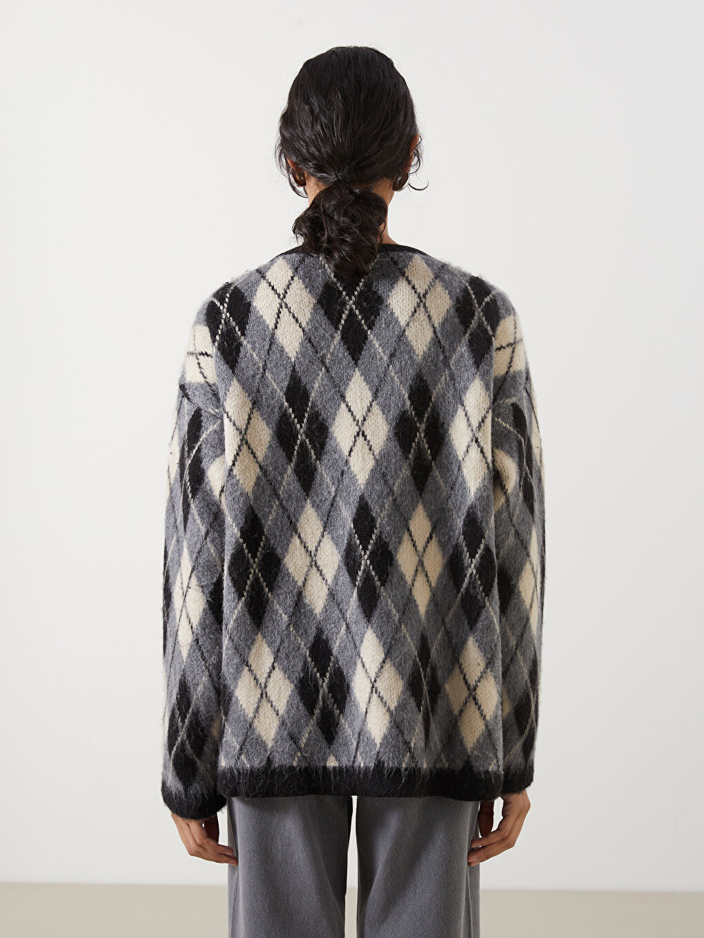 Gri Bisiklet Yaka Baklava Desenli Oversize Kadın Triko Tunik-3