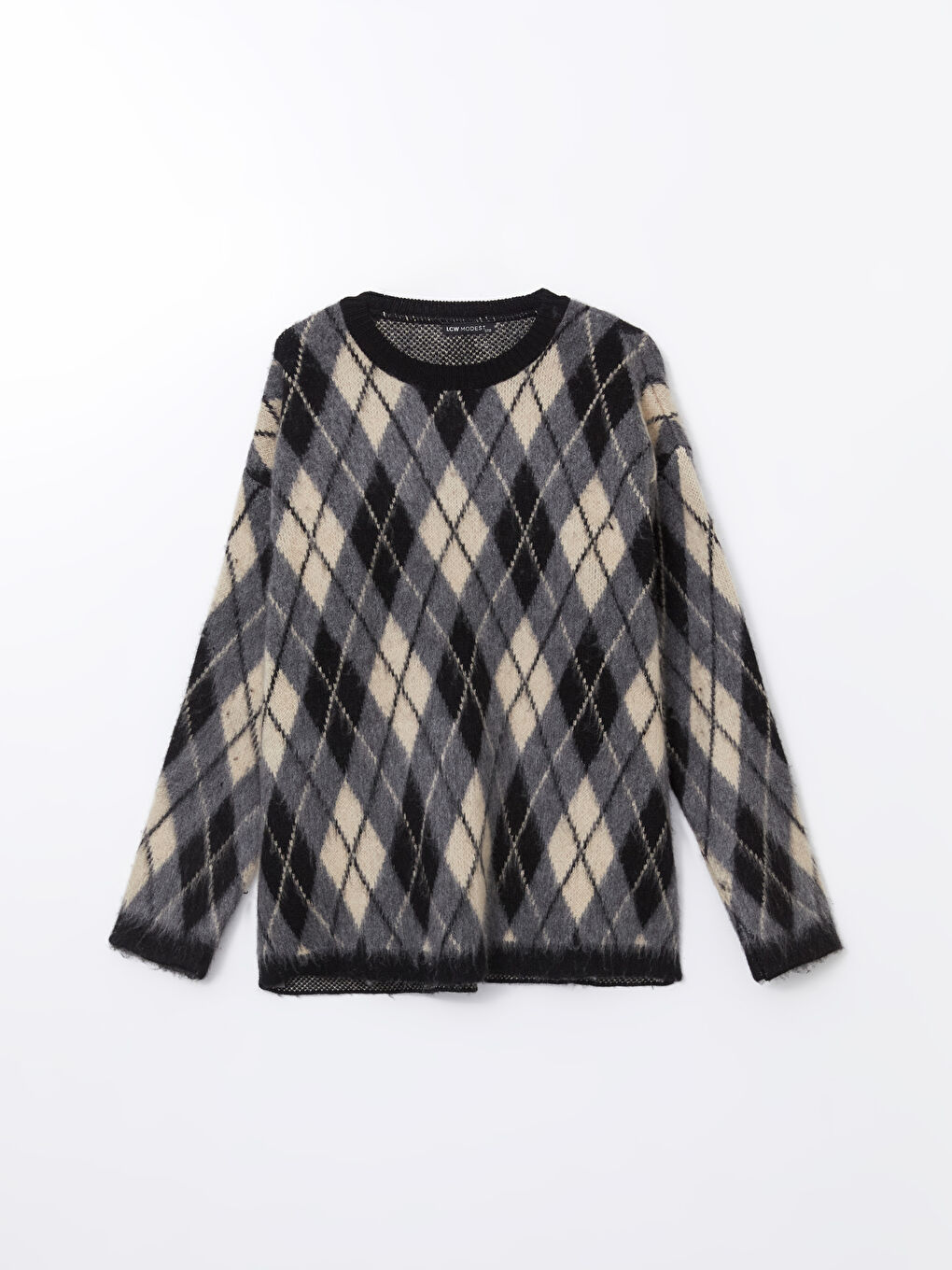 Gri Bisiklet Yaka Baklava Desenli Oversize Kadın Triko Tunik-4