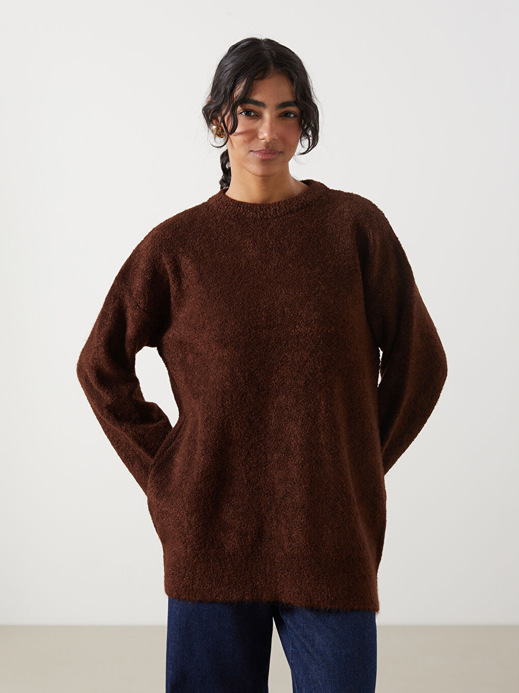 LCW Modest Kahverengi Bisiklet Yaka Kadın Triko Tunik