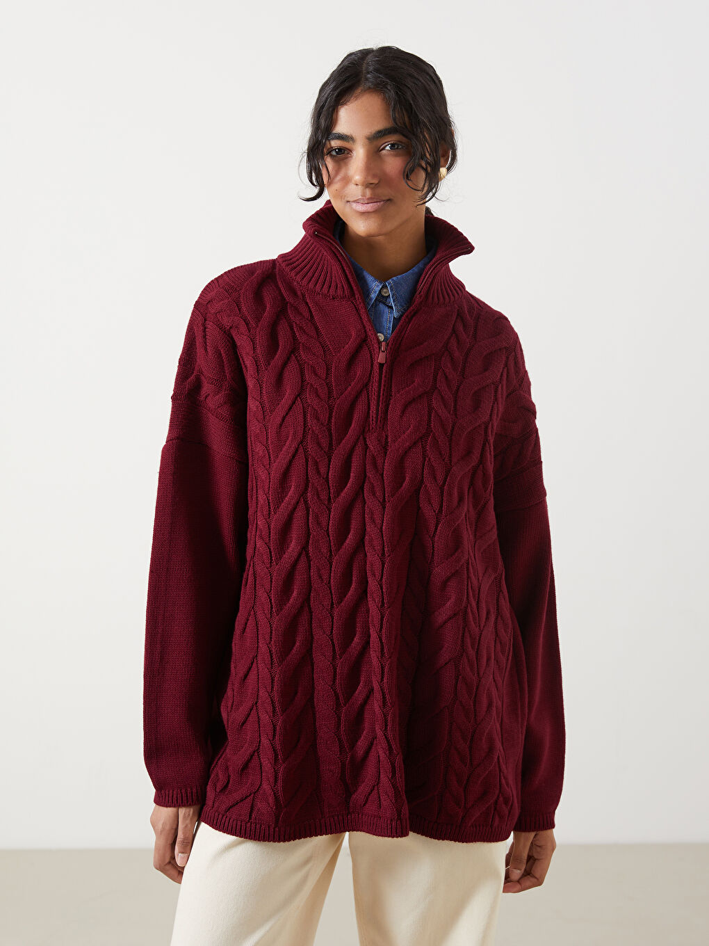 Bordo Bisiklet Yaka Kendinden Desenli Oversize Kadın Triko Tunik