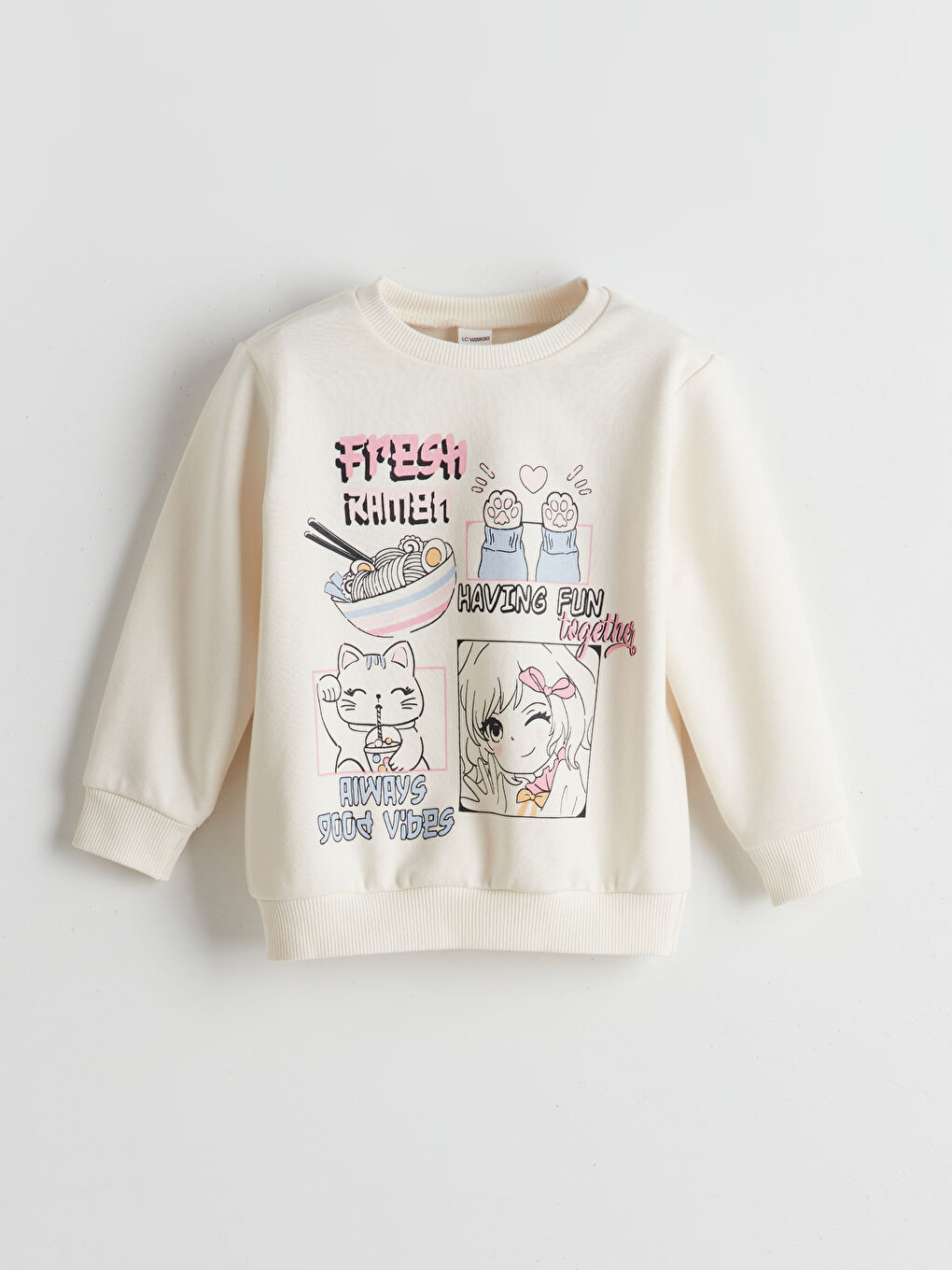 Ekru Bisiklet Yaka Anime Baskılı Kız Çocuk Sweatshirt