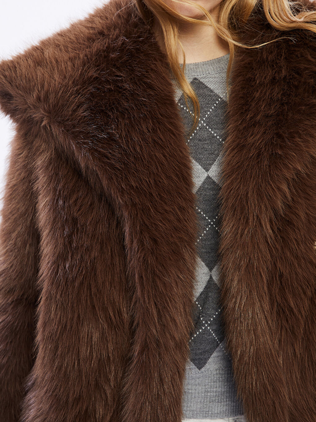 Kahverengi Ceket Yaka Kadın Kürk Mont-2