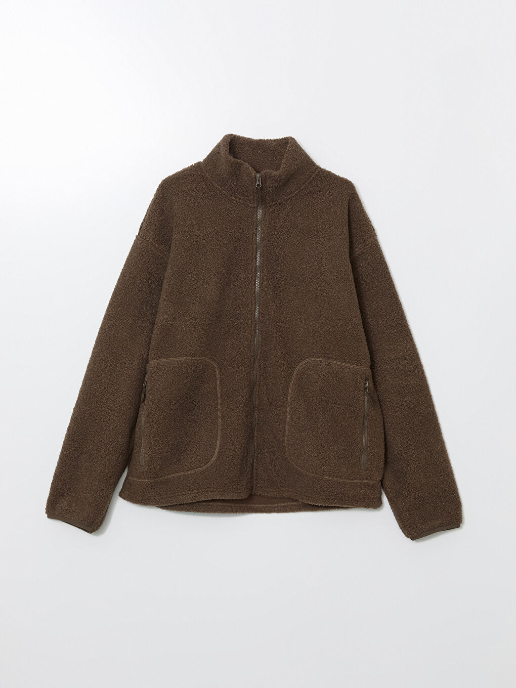 Kahverengi Dik Yaka Uzun Kollu Pelüş Erkek Fermuarlı Sweatshirt-4