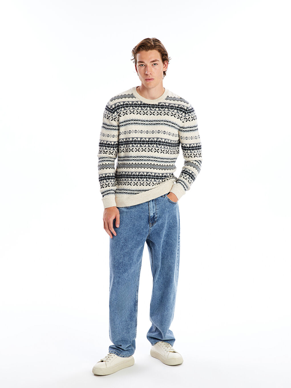 Crew Neck Long Sleeve Patterned Men's Knitwear Sweater-3