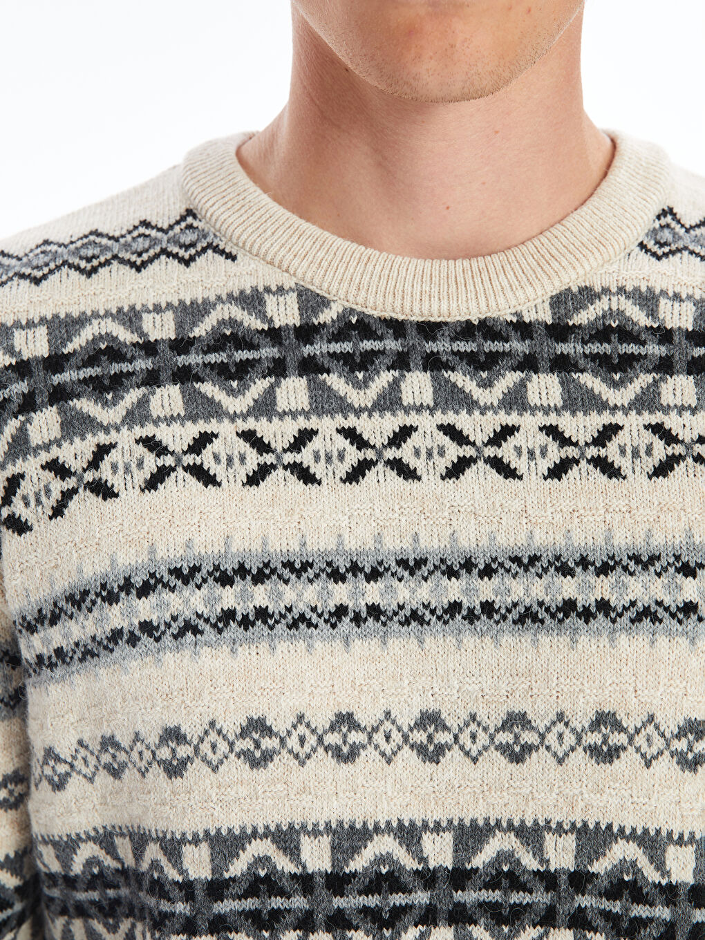 Crew Neck Long Sleeve Patterned Men's Knitwear Sweater-5