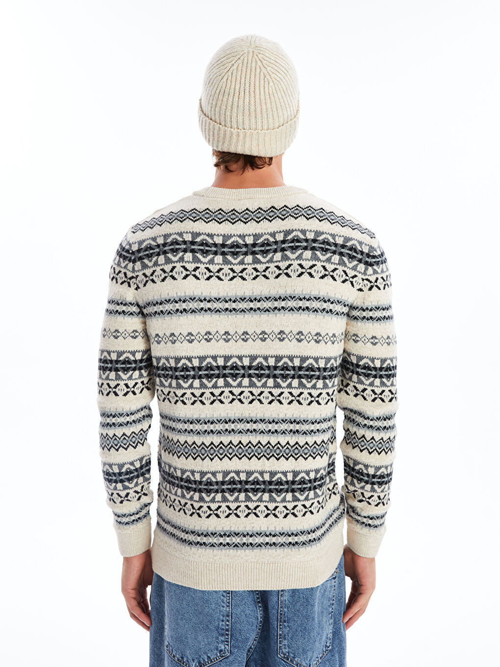 Crew Neck Long Sleeve Patterned Men's Knitwear Sweater-7