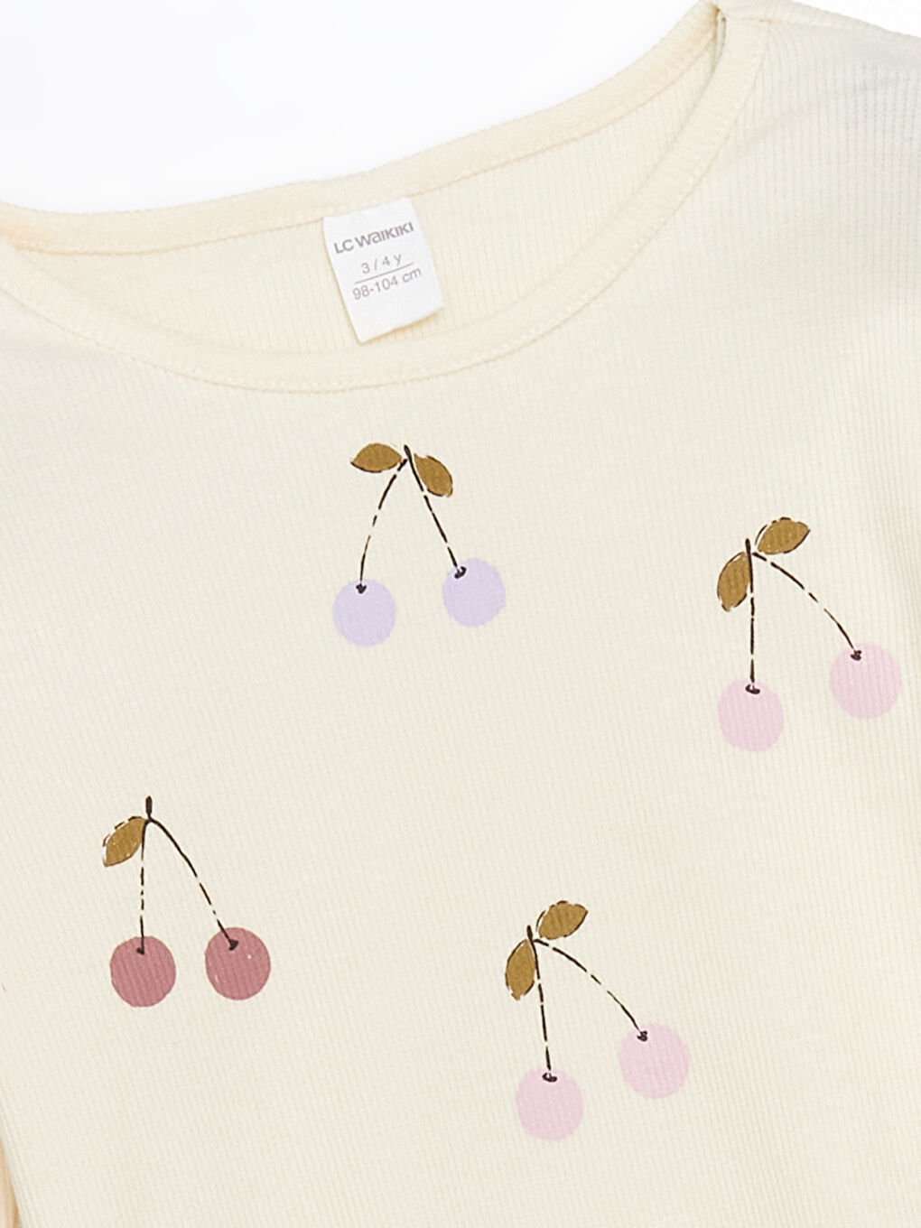 Ekru Kiraz Baskılı Kız Çocuk Tişört 2'li-2