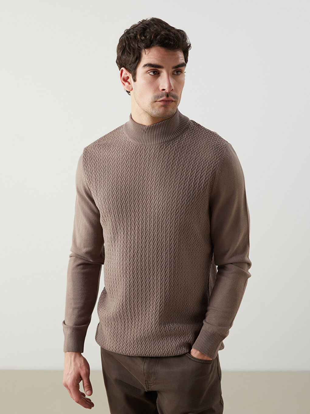 Bej Yarım Balıkçı Yaka Uzun Kollu Erkek Triko Kazak