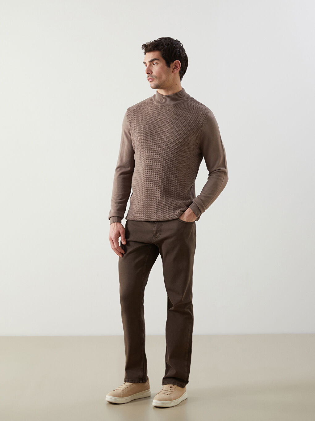 Bej Yarım Balıkçı Yaka Uzun Kollu Erkek Triko Kazak-1