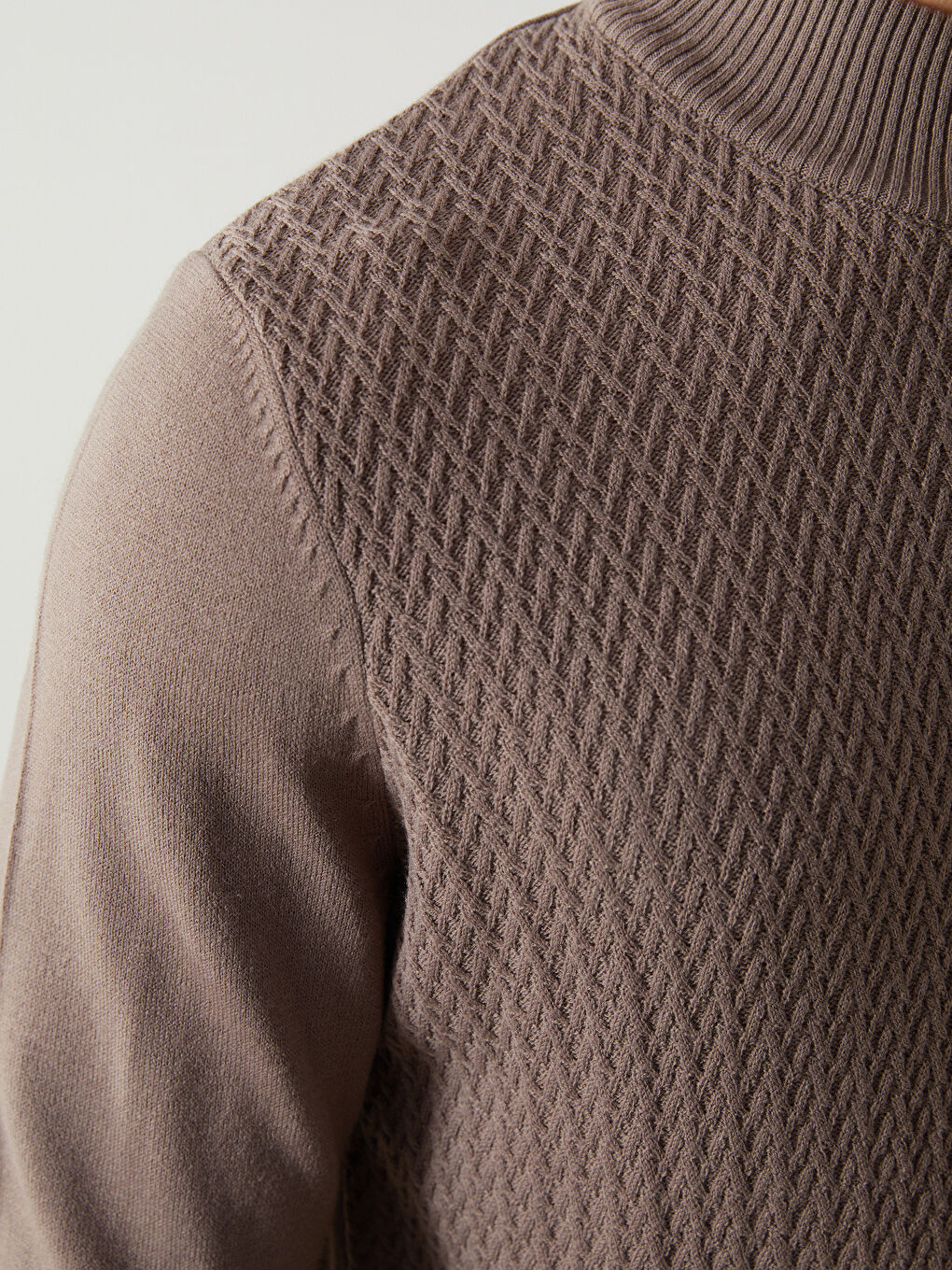 Bej Yarım Balıkçı Yaka Uzun Kollu Erkek Triko Kazak-2