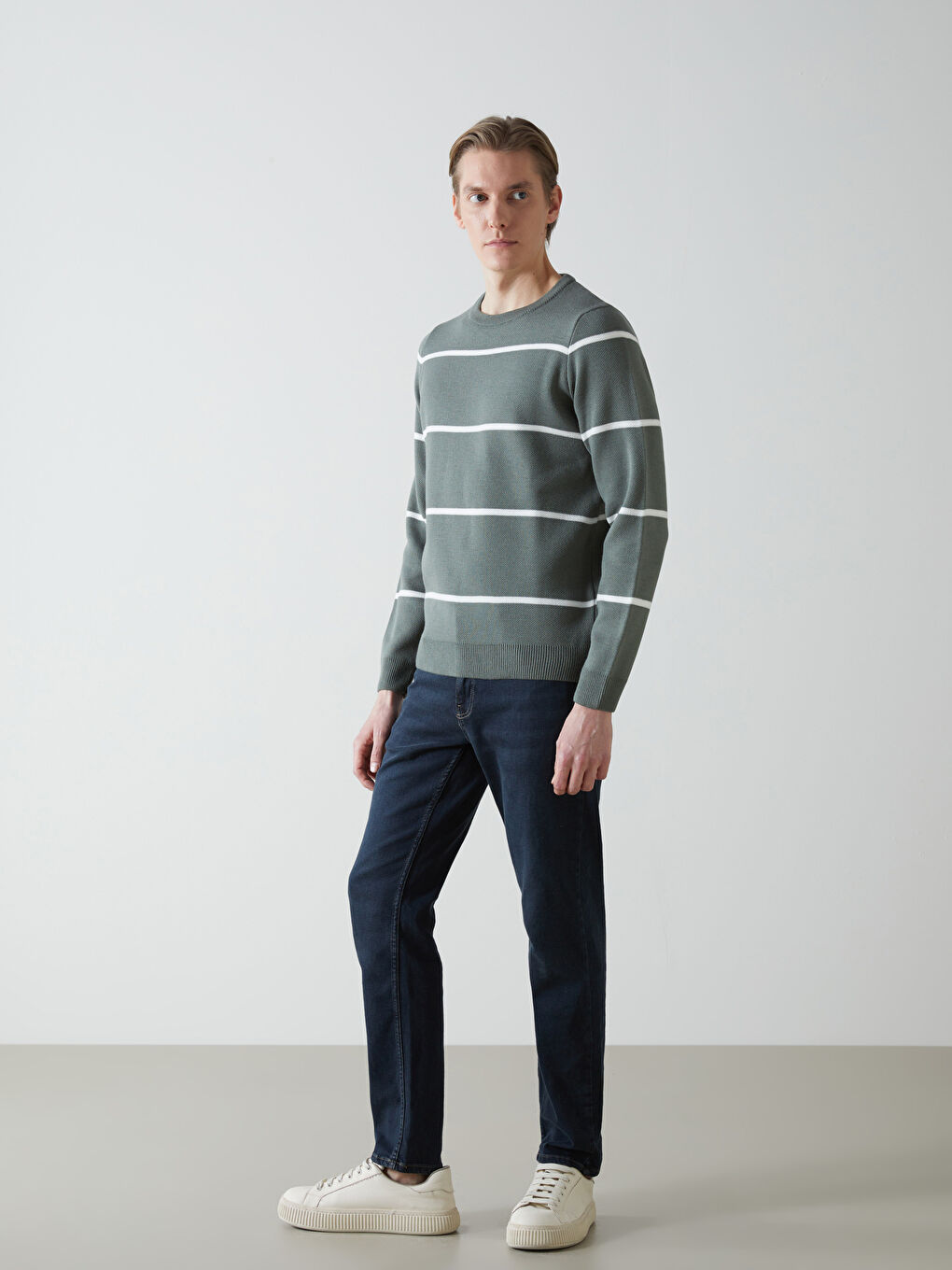 Yeşil Bisiklet Yaka Uzun Kollu Çizgili Erkek Triko Kazak-1