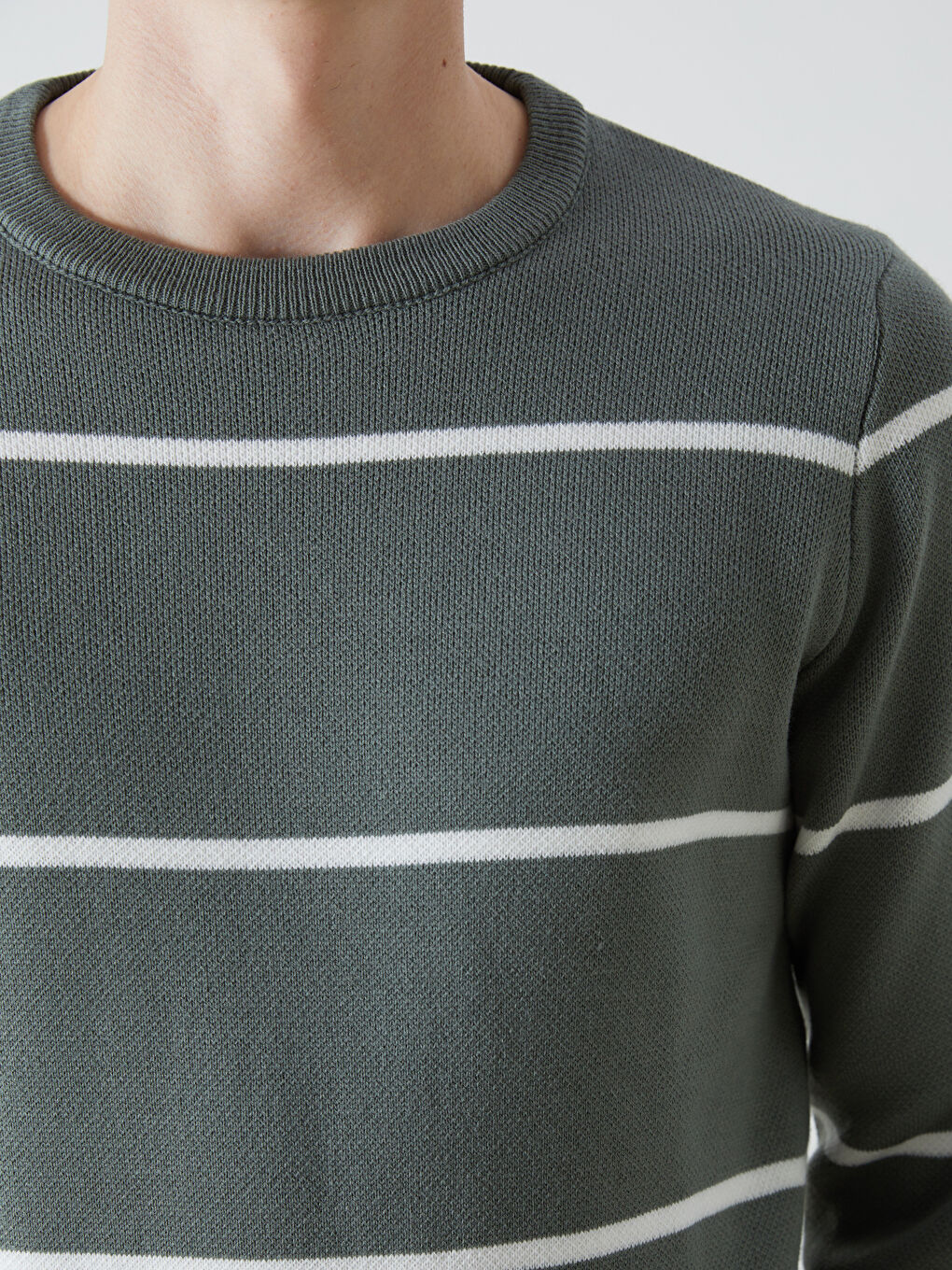 Yeşil Bisiklet Yaka Uzun Kollu Çizgili Erkek Triko Kazak-3