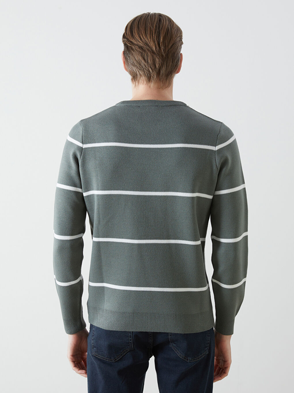 Yeşil Bisiklet Yaka Uzun Kollu Çizgili Erkek Triko Kazak-4