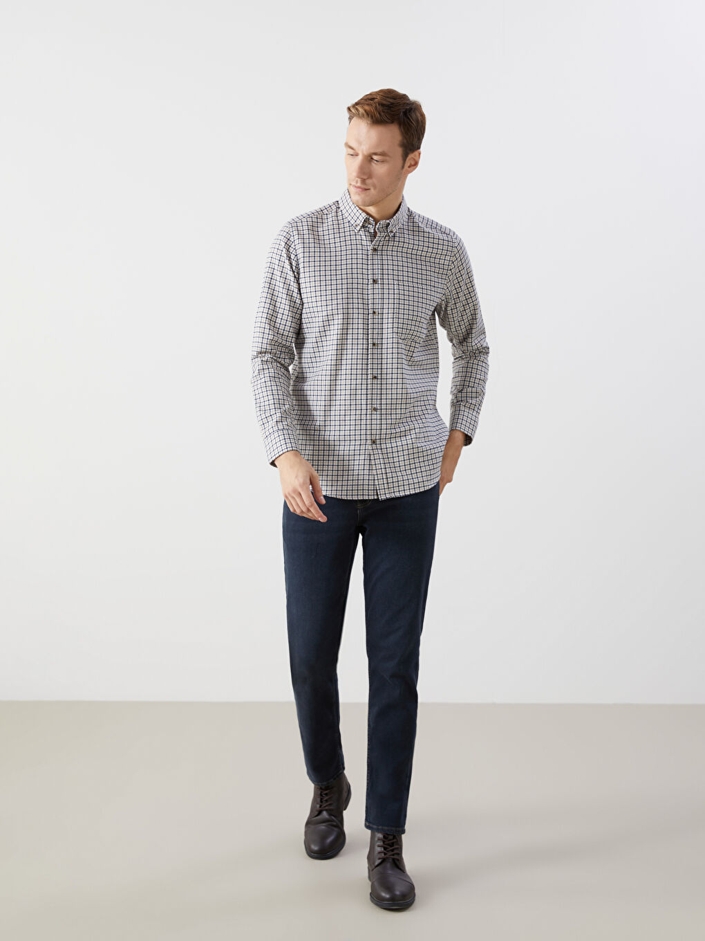 Regular Fit Long Sleeve Plaid Gabardine Men's Shirt-1